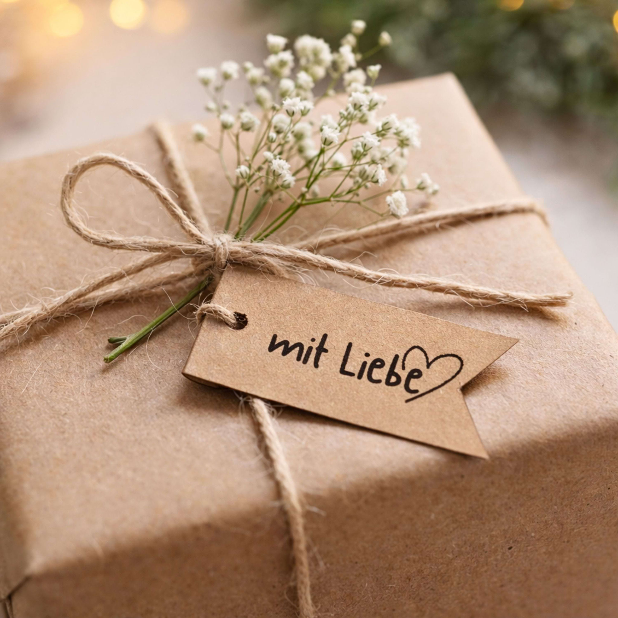 Kraftpapier‑Geschenk mit „mit Liebe“-Anhänger und Blumen.