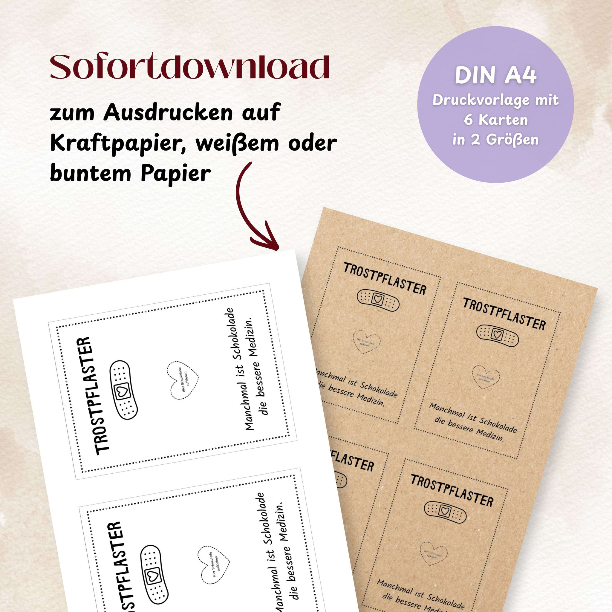 Trostpflaster‑Druckvorlage mit sechs Karten in zwei Größen, DIY‑Schokoladenkärtchen als Sofort‑Download.