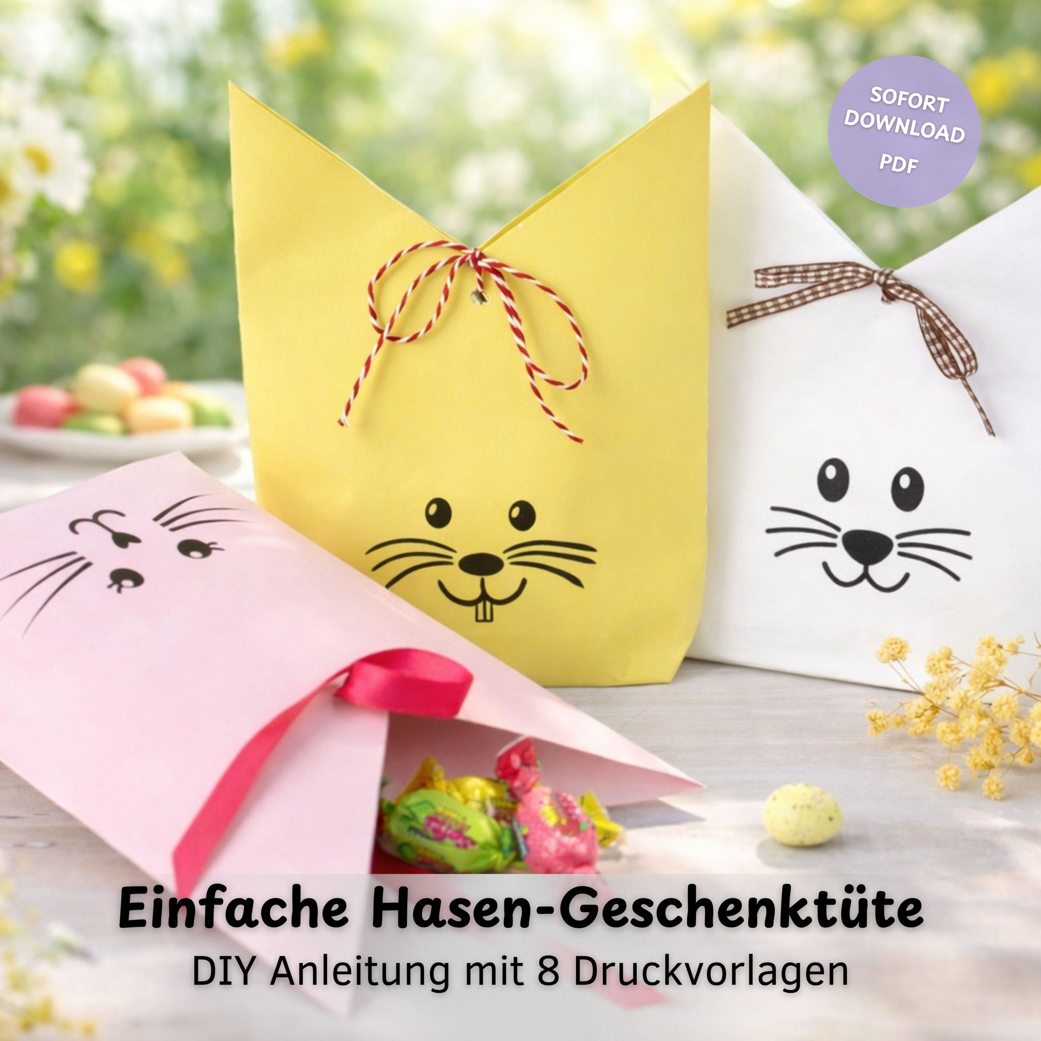 DIY-Oster-Hasen-Geschenktüten mit Süßigkeiten, gezeigt als sofort downloadbare PDF-Vorlage zum Ausdrucken.