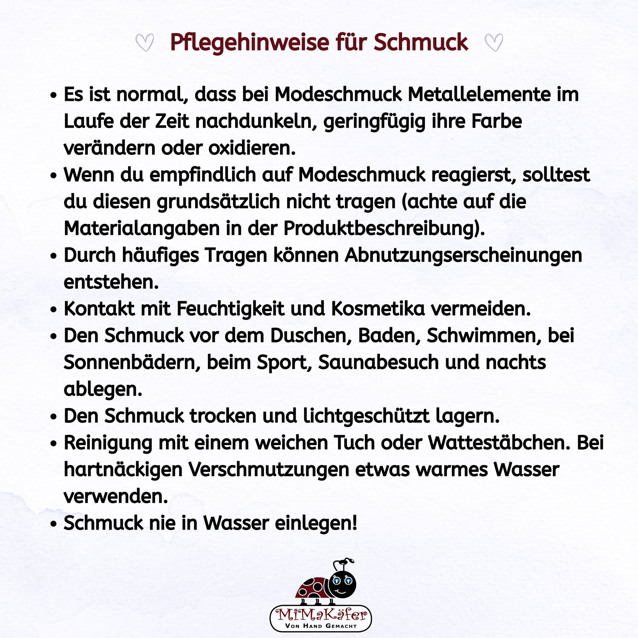 Pflegehinweis‑Karte für Schmuck mit Tipps zur richtigen Handhabung und Reinigung.
