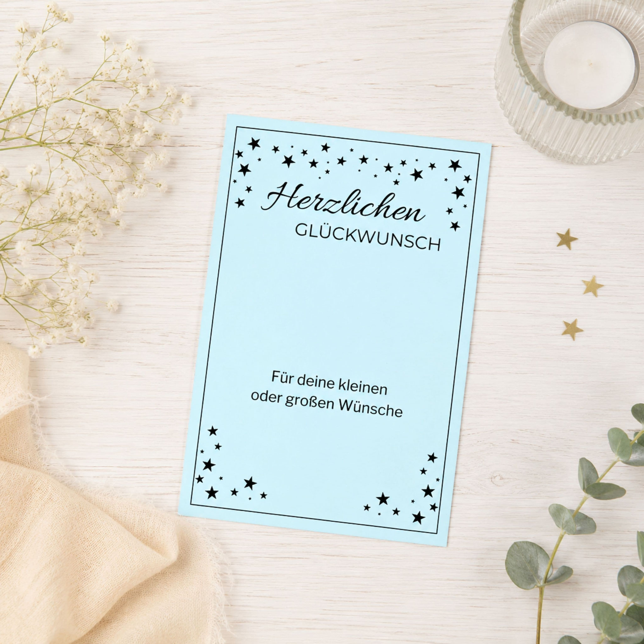 Hellblaues Glückwunsch-Kärtchen für Geldgeschenk als PDF-Druckvorlage zum Ausdrucken für Geburtstag und Feier