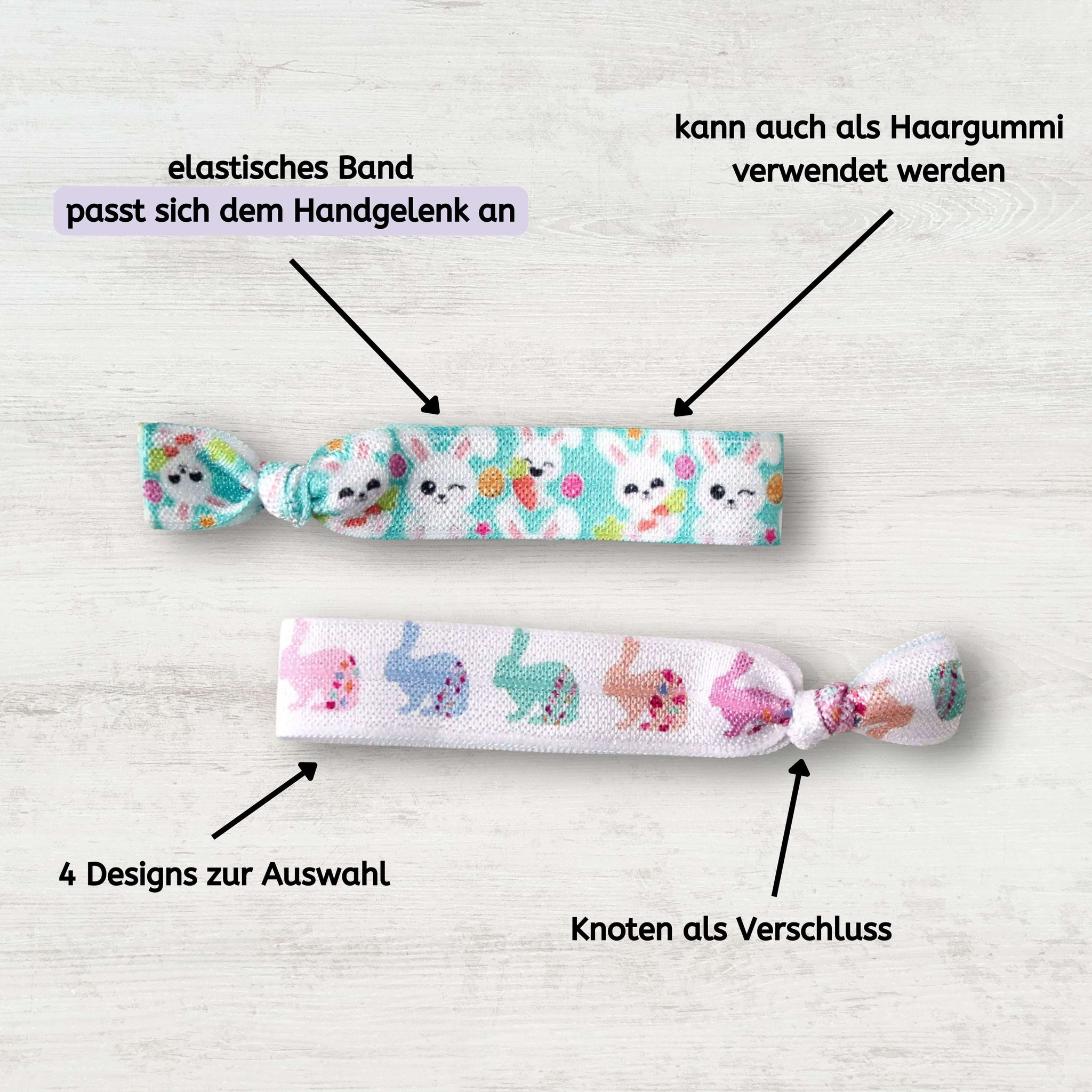 Zwei elastische Armbänder mit Osterdesigns.