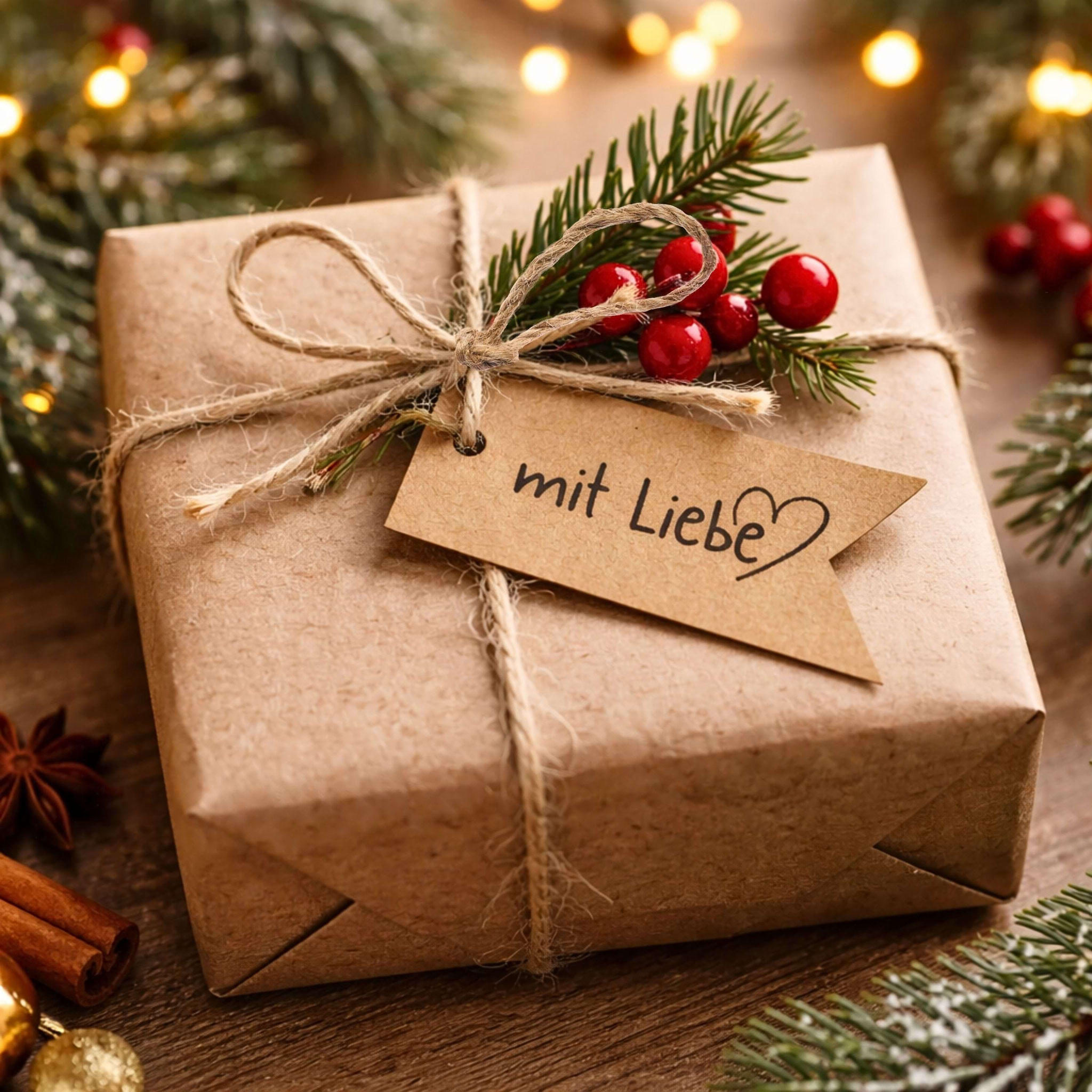 Weihnachtsgeschenk aus Kraftpapier mit „mit Liebe“-Anhänger, Deko aus Zweigen und Beeren.