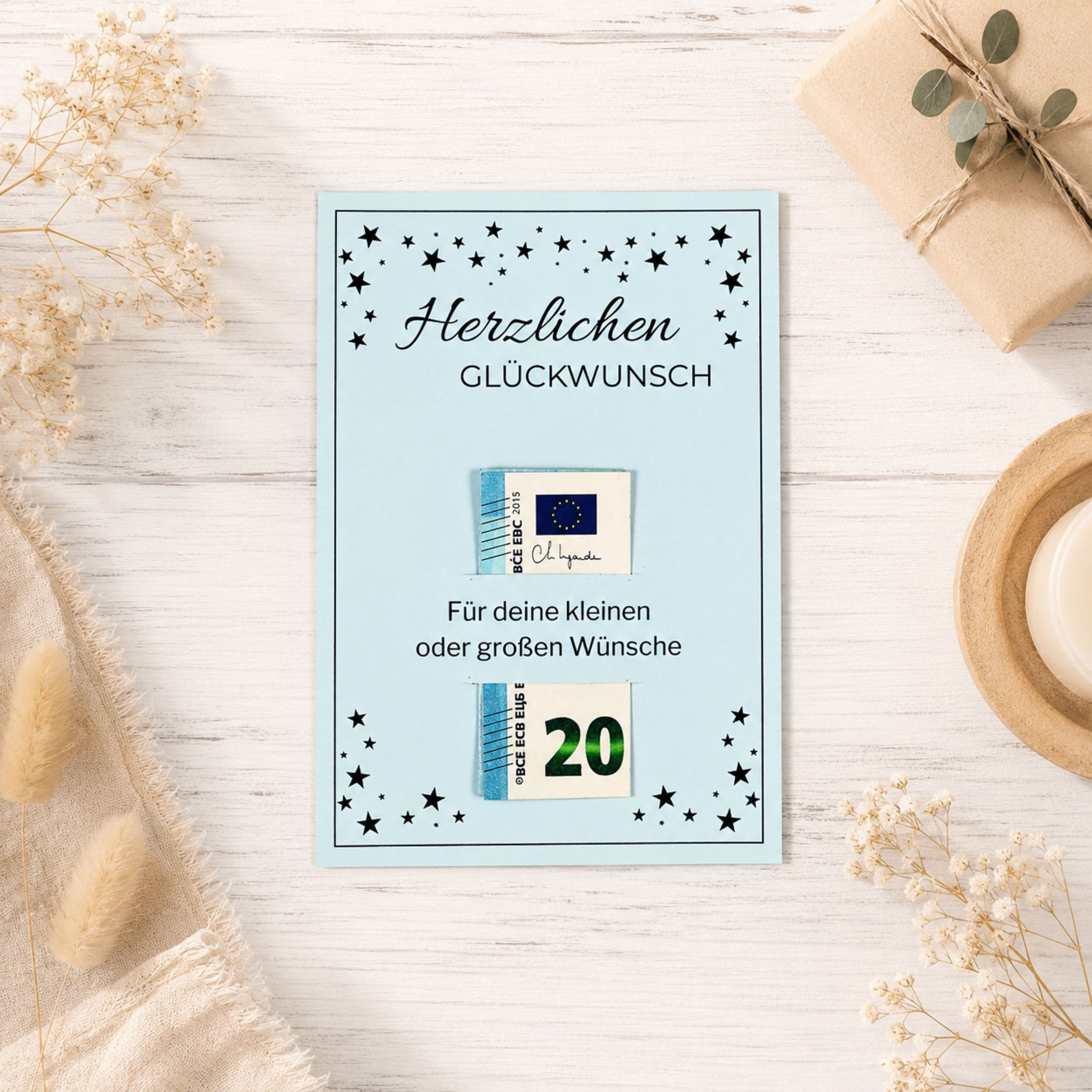 Glückwunsch-Kärtchen für Geldgeschenk mit Geldschein – PDF-Druckvorlage zum Ausdrucken für Geburtstag & Feier