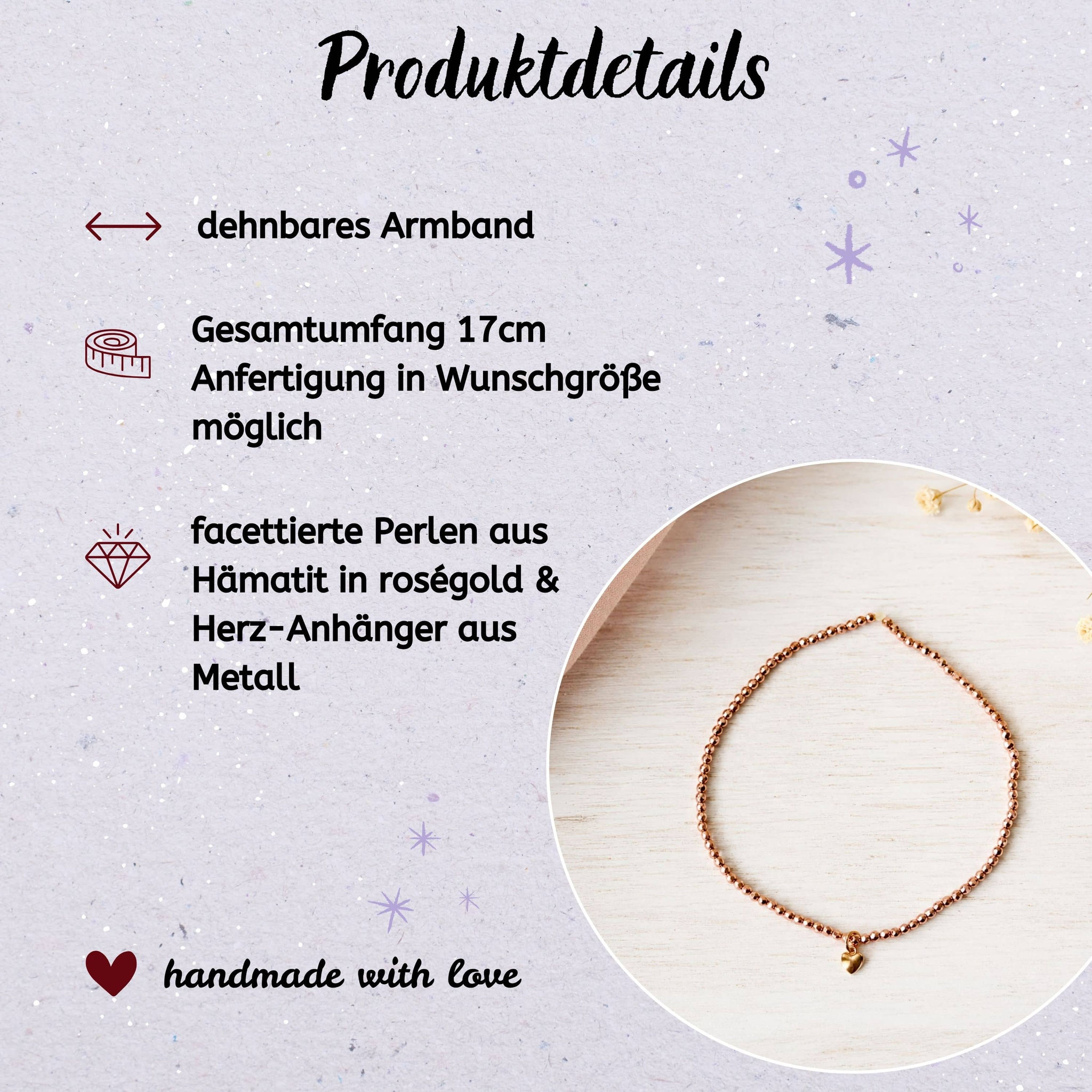 Produktkarte für roségoldenes Hämatit‑Armband mit Herzanhänger, handmade‑Details und Größeninfos.