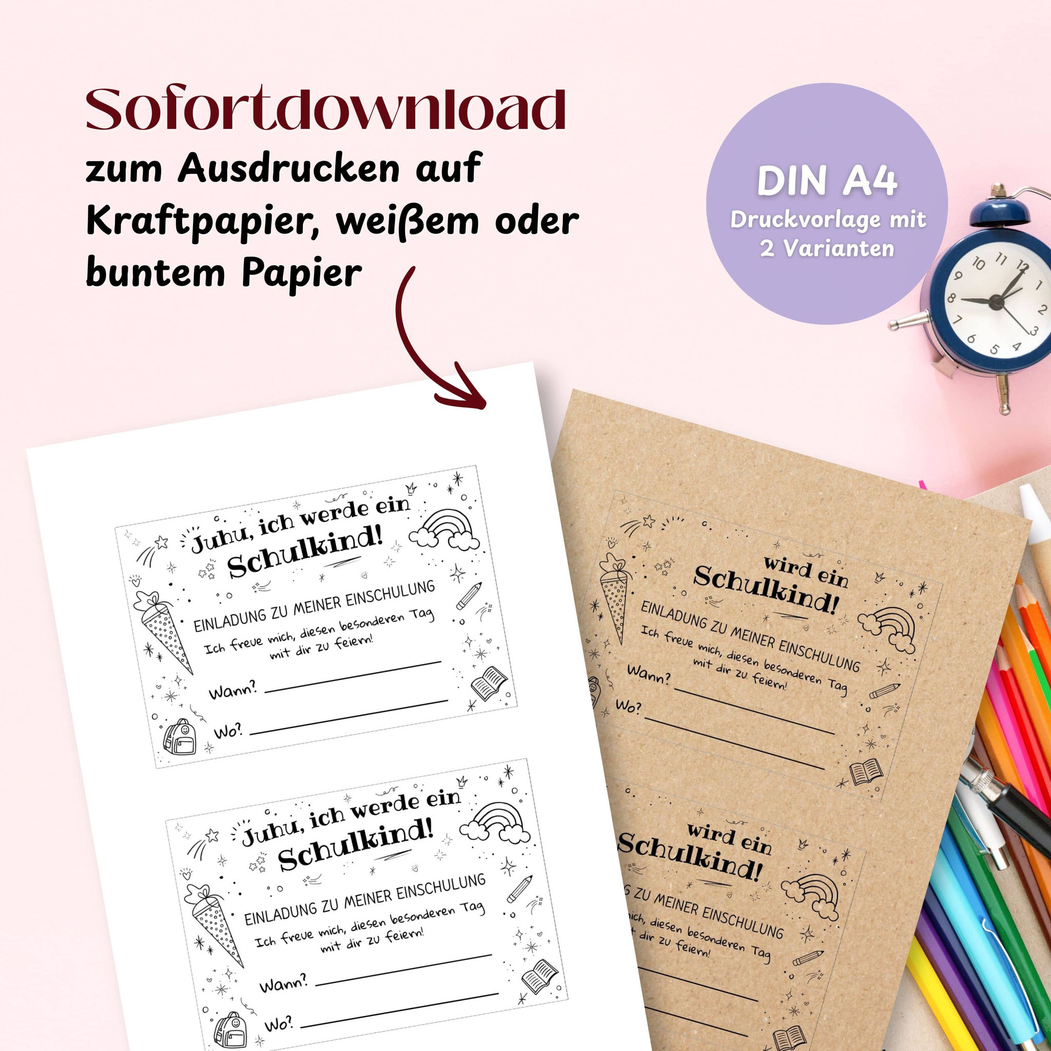 Einladungskarte zur Einschulung als PDF-Druckvorlage in zwei Varianten, geeignet für weißes oder Kraftpapier.
