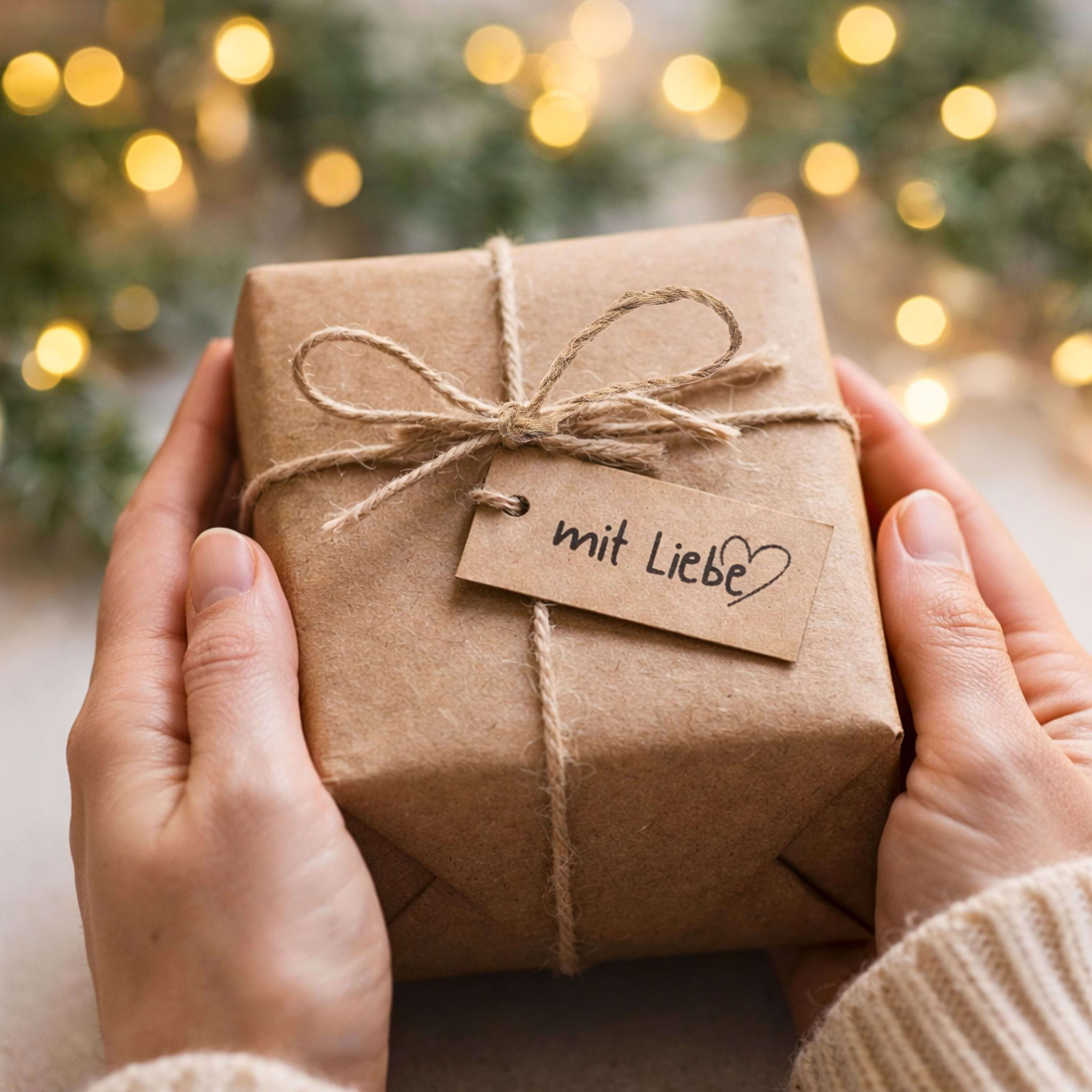 Kleines Geschenk in Kraftpapier mit „mit Liebe“-Anhänger, liebevoll verpackt für DIY‑Geschenke.
