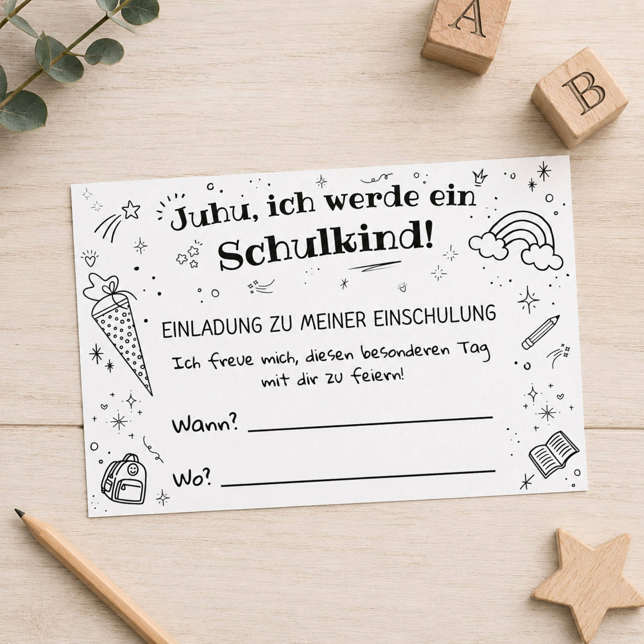 Einladungskarte zur Einschulung als PDF-Druckvorlage mit Schultüte und Regenbogen zum Ausfüllen und Ausdrucken.