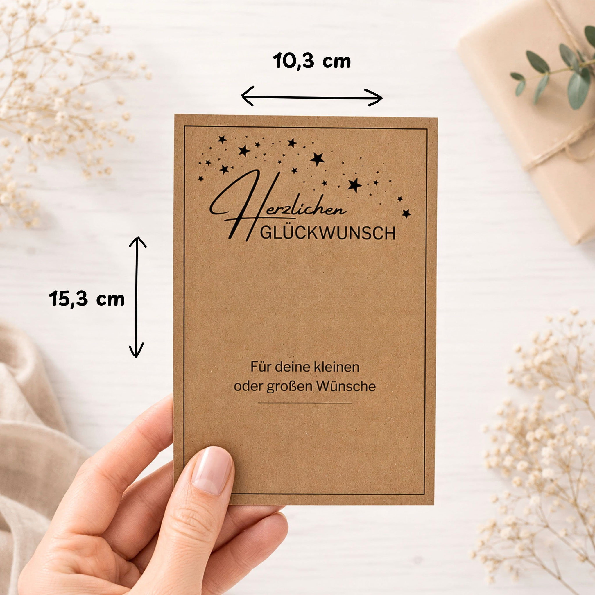 Maße des Geldgeschenk-Kärtchens als PDF-Druckvorlage: 10,3 × 15,3 cm zum Ausdrucken auf Kraftpapier