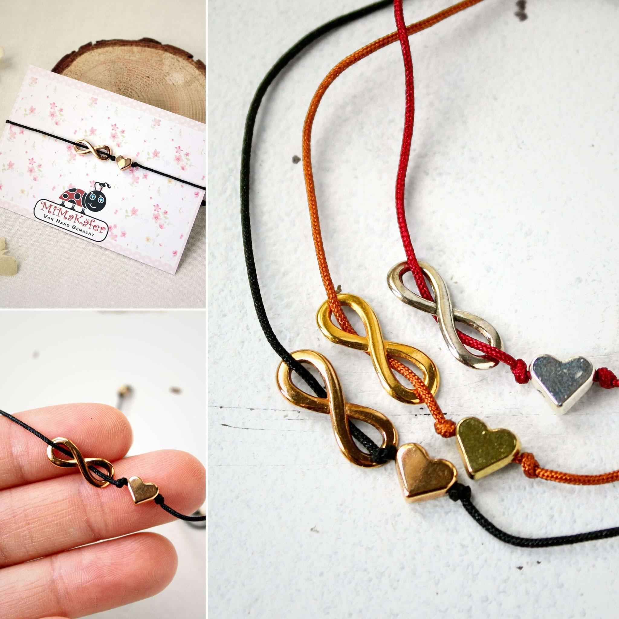 Produktcollage handgemachter Makramee‑Armbänder mit Herz‑ und Infinity‑Anhängern in verschiedenen Farben.
