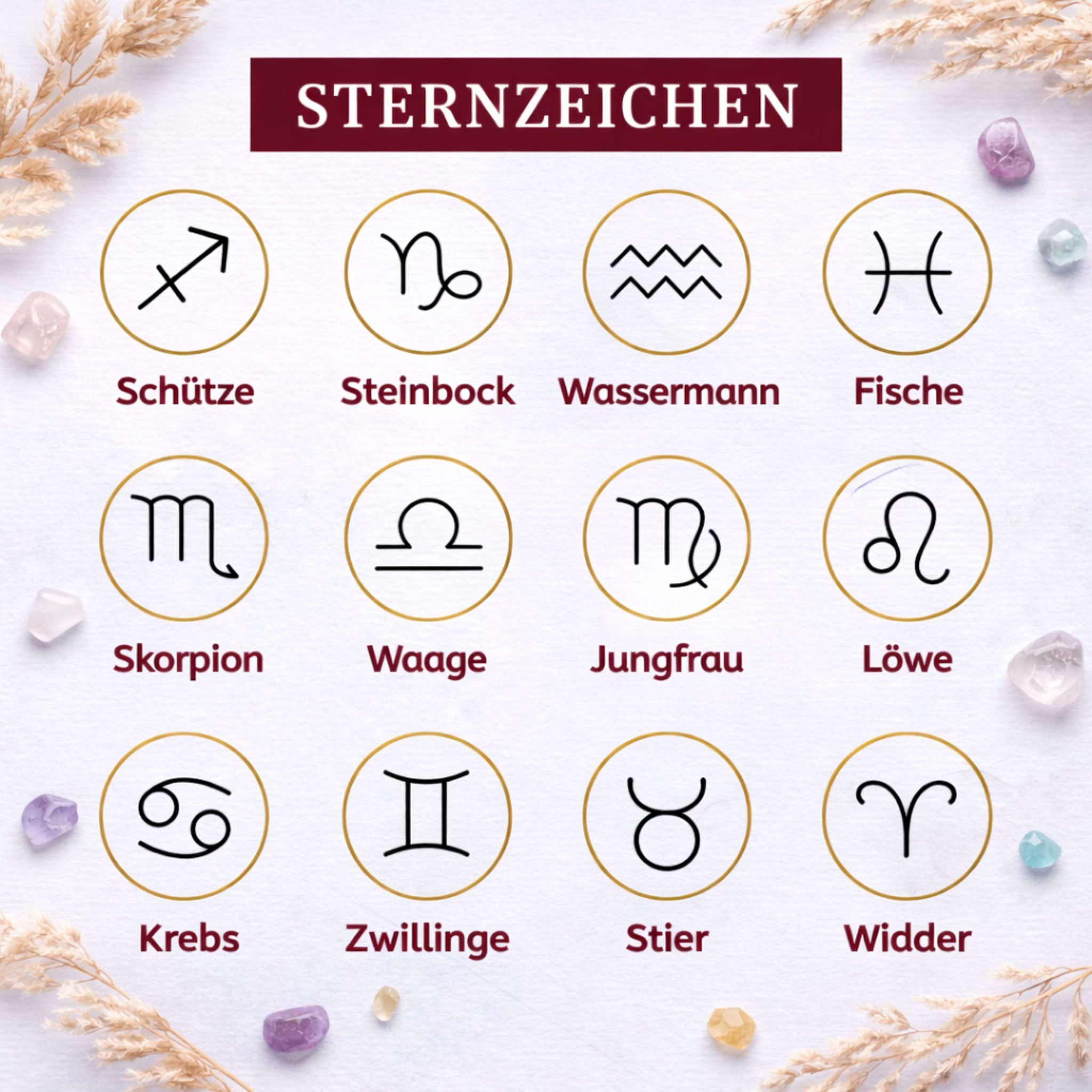 Übersicht der zwölf Sternzeichen mit Symbolen und deutschen Namen.