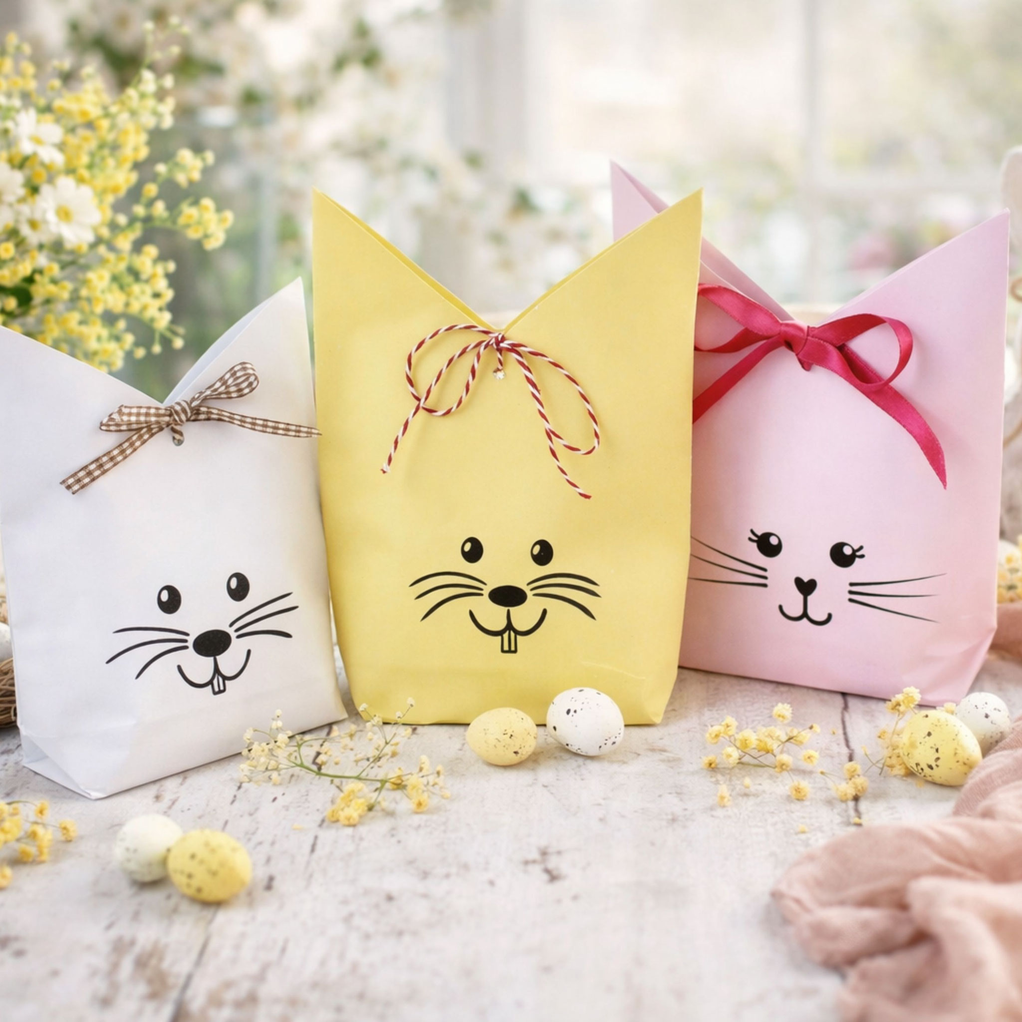 Oster‑Geschenktüten im Hasendesign in drei Farben als DIY‑Vorlage für kreative Geschenkverpackungen zu Ostern.