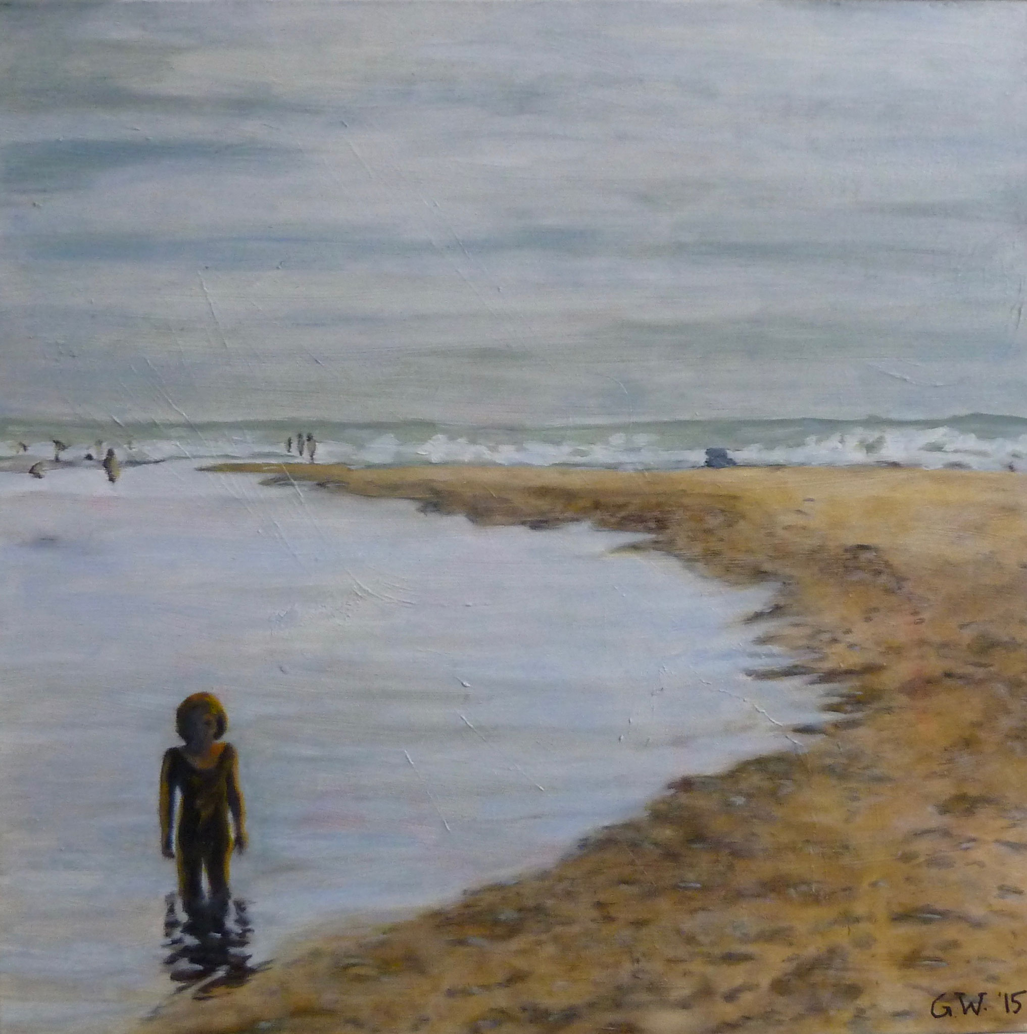 Beach, Water, Clouds and People, Öl auf Leinwand, 50x50