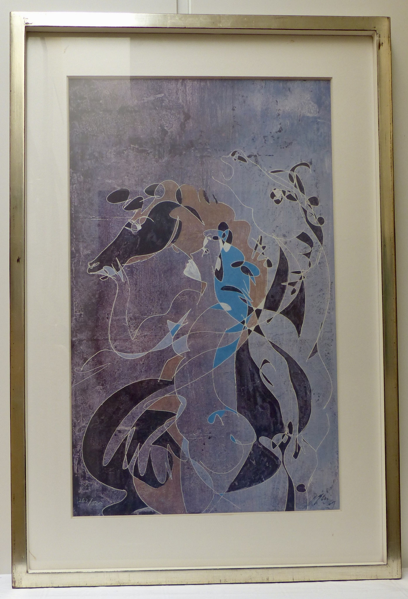 Lithografie 262/500 Hans Erni, signiert 1969  |  "Frau mit Pferd"  |  83,5 x 68 cm  |  Goldrahmen  |  CHF 450.00