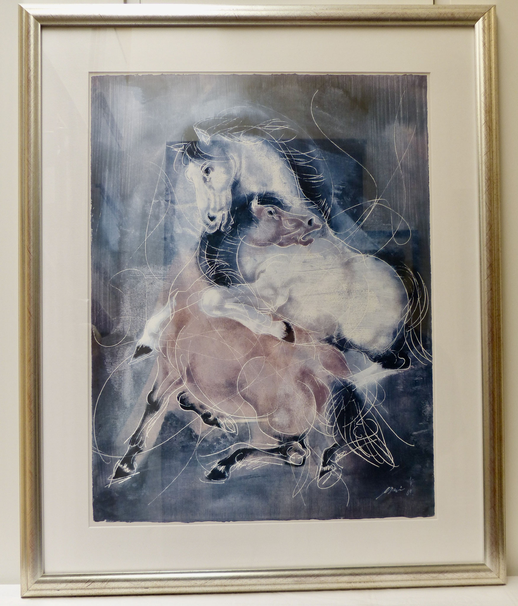 Original Hans Erni, signiert 01.04.1989  |  "2 Pferde"  |  83,5 x 68 cm  |  Weissgoldrahmen  |  CHF 3'000.00