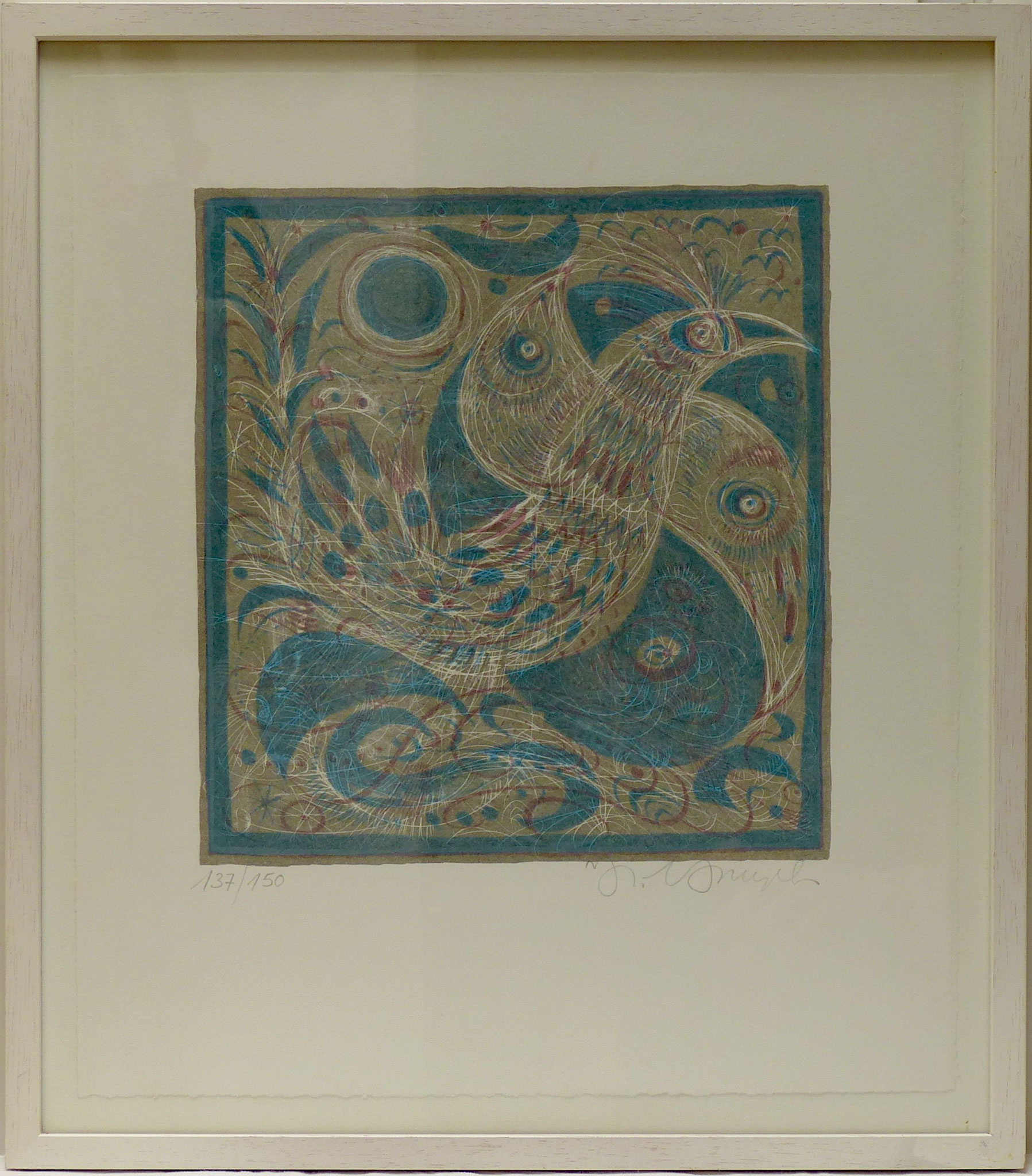 Lithografie 137/150 Hans Rudolf Strupler, signiert  |  "Taube"  |  40,5 x 35,5 cm  |  Holzrahmen weiss  |  CHF 250.00