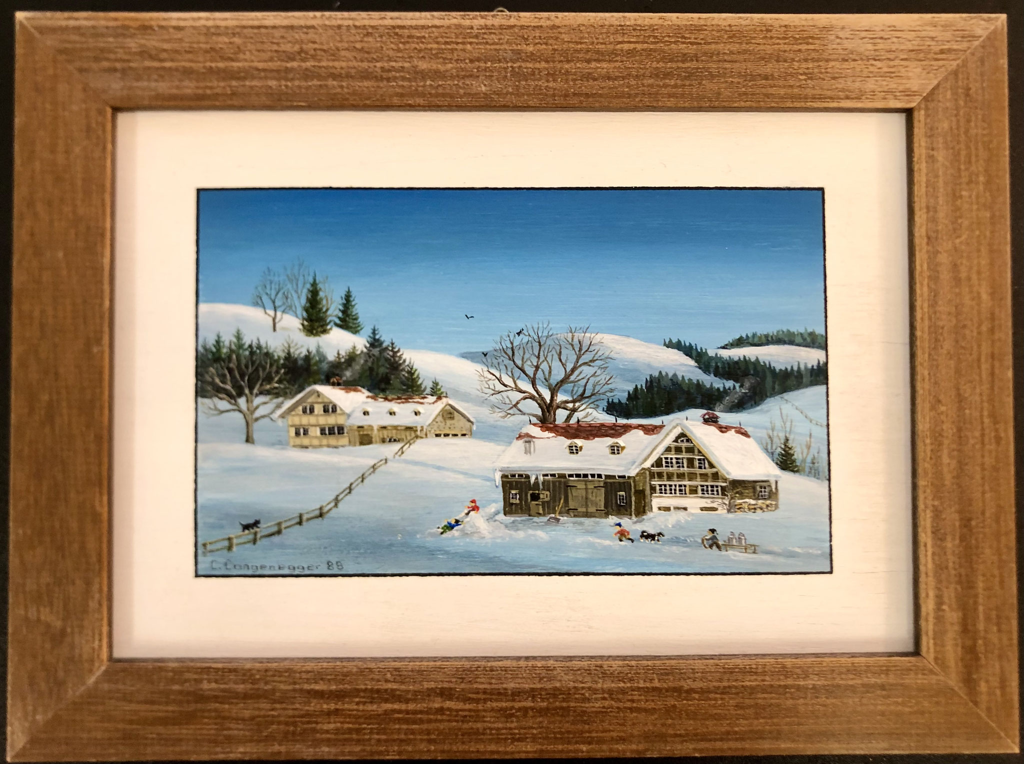 Nr. 09 | L. Langenegger "Winter" | Bauernmalerei auf Holz gerahmt | 20,5x15 cm | CHF 230.00