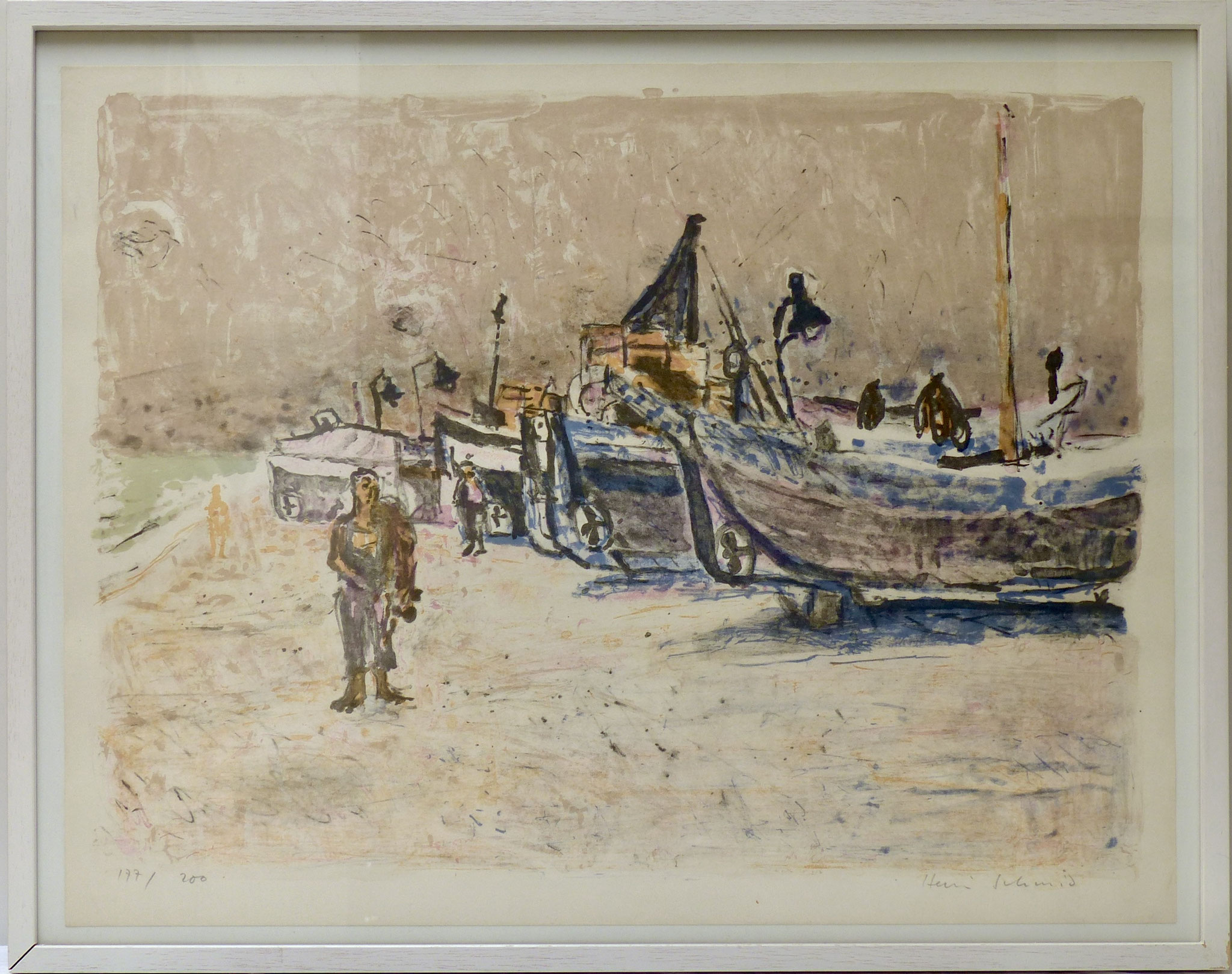 Lithogrtafie 177/200 Henri Schmid, signiert  |  "Strand mit Schiffen"  |  43,5 x 54,5 cm  |  Holzrahmen weiss  |  CHF 250.00