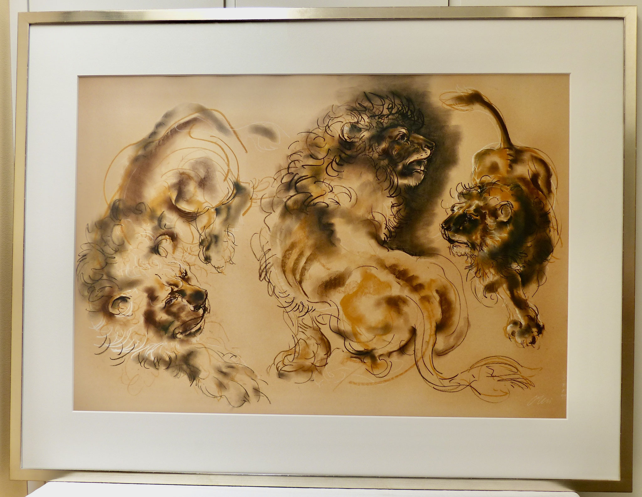 Original Hans Erni, signiert 08.04.1994  |  "3 Löwen"  |  124 x 95 cm  |  Weissgoldrahmen  |  CHF  3'000.00