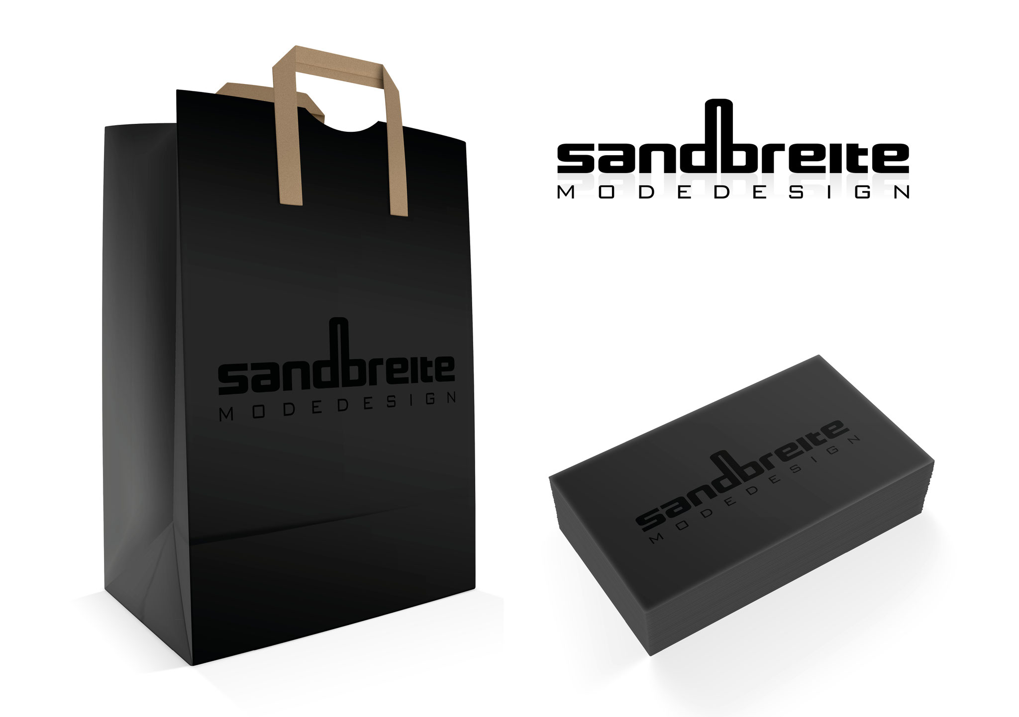 Lokogkreation auf edler Boutiquentasche und attraktive, überraschende Mailingschachtel mit Spot-Lack für Sandbreite Modedesign.