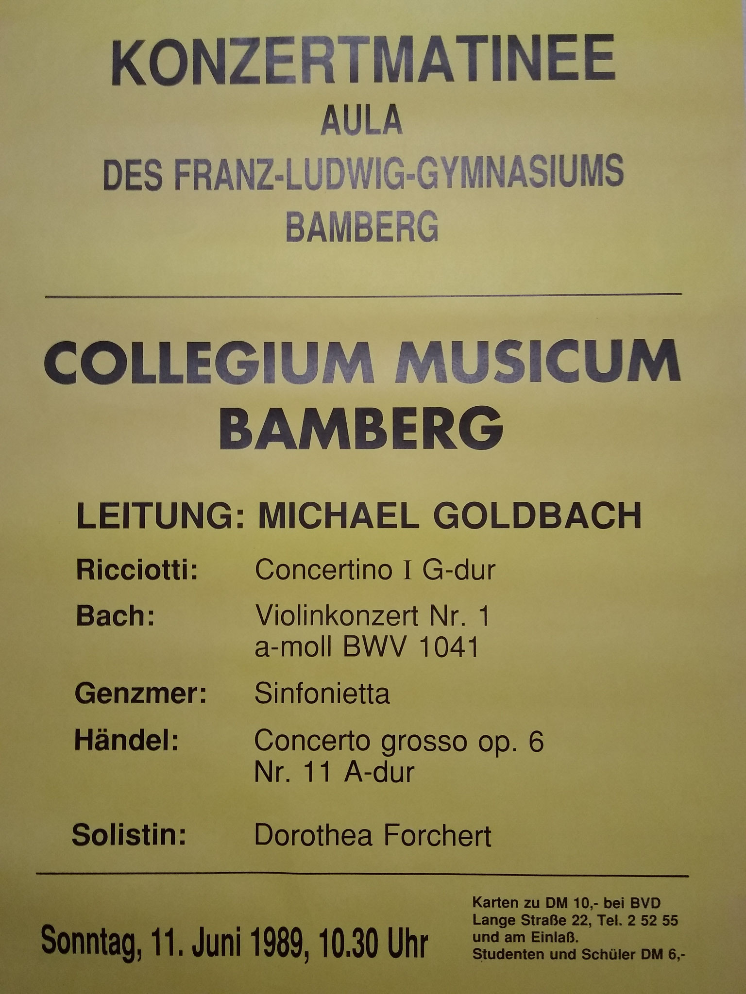 Plakatankündigung der Konzertmatinee im Franz-Ludwig-Gymnasium Bamberg - 11. Juni 1989
