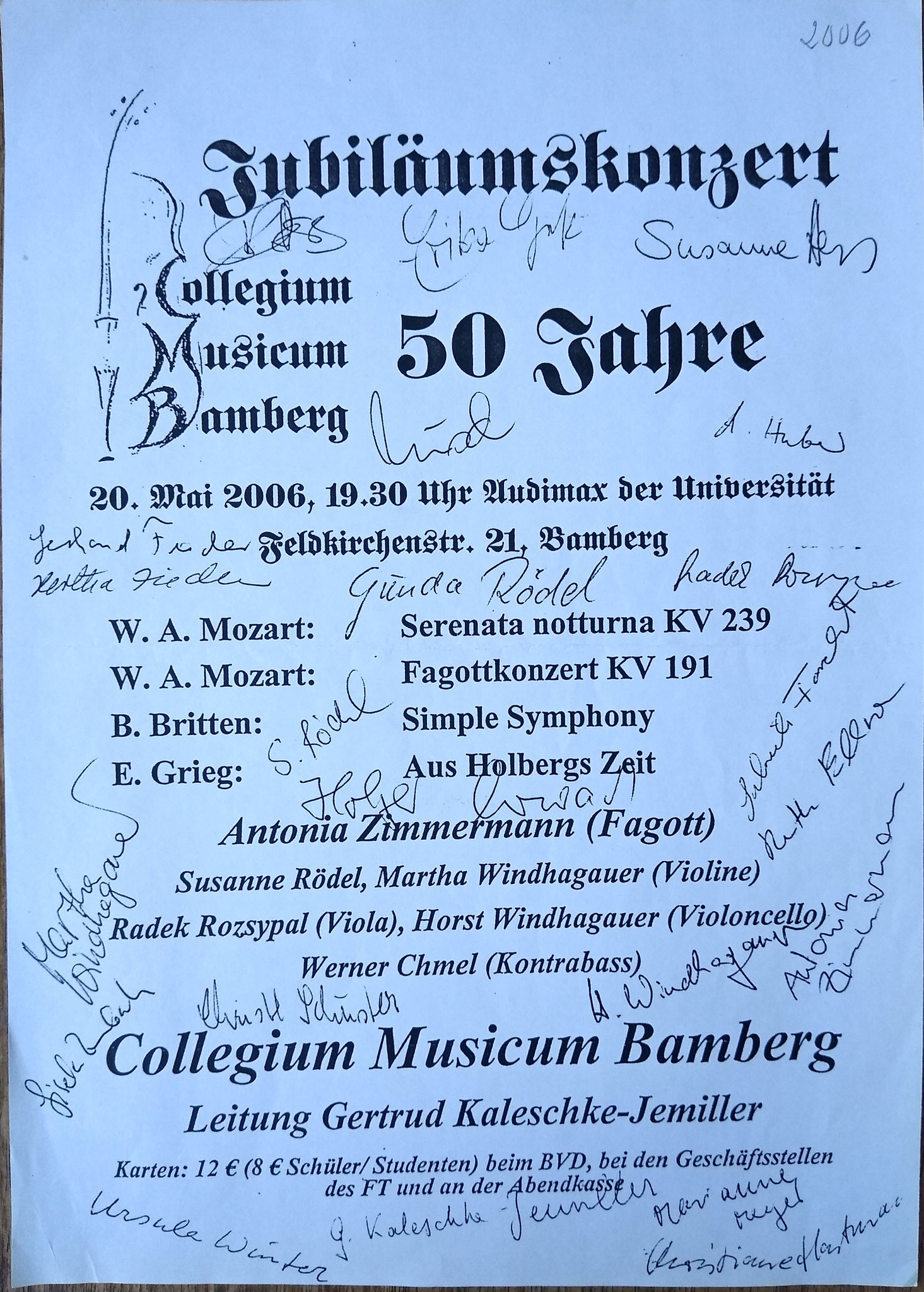 Plakatankündigung des Kozerts zum 50-jährigen Jubiläum mit Autogrammen der Mitwirkenden - 20. Mai 2006