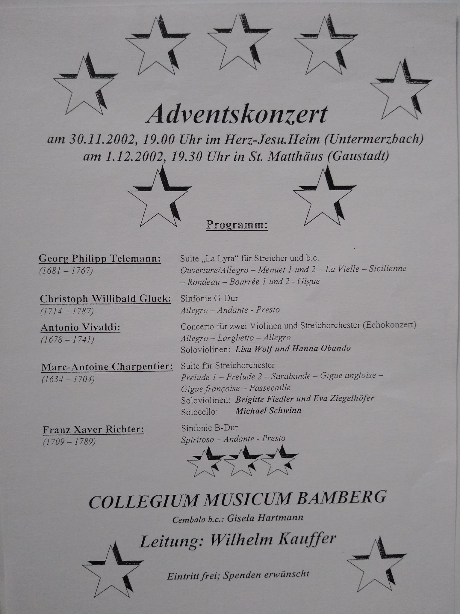 Plakatankündigung des Konzerts im Herz-Jesu-Heim Untermerzbach und in der Kirche St. Matthäus Gaustadt - 30. November und 1. Dezember 2002