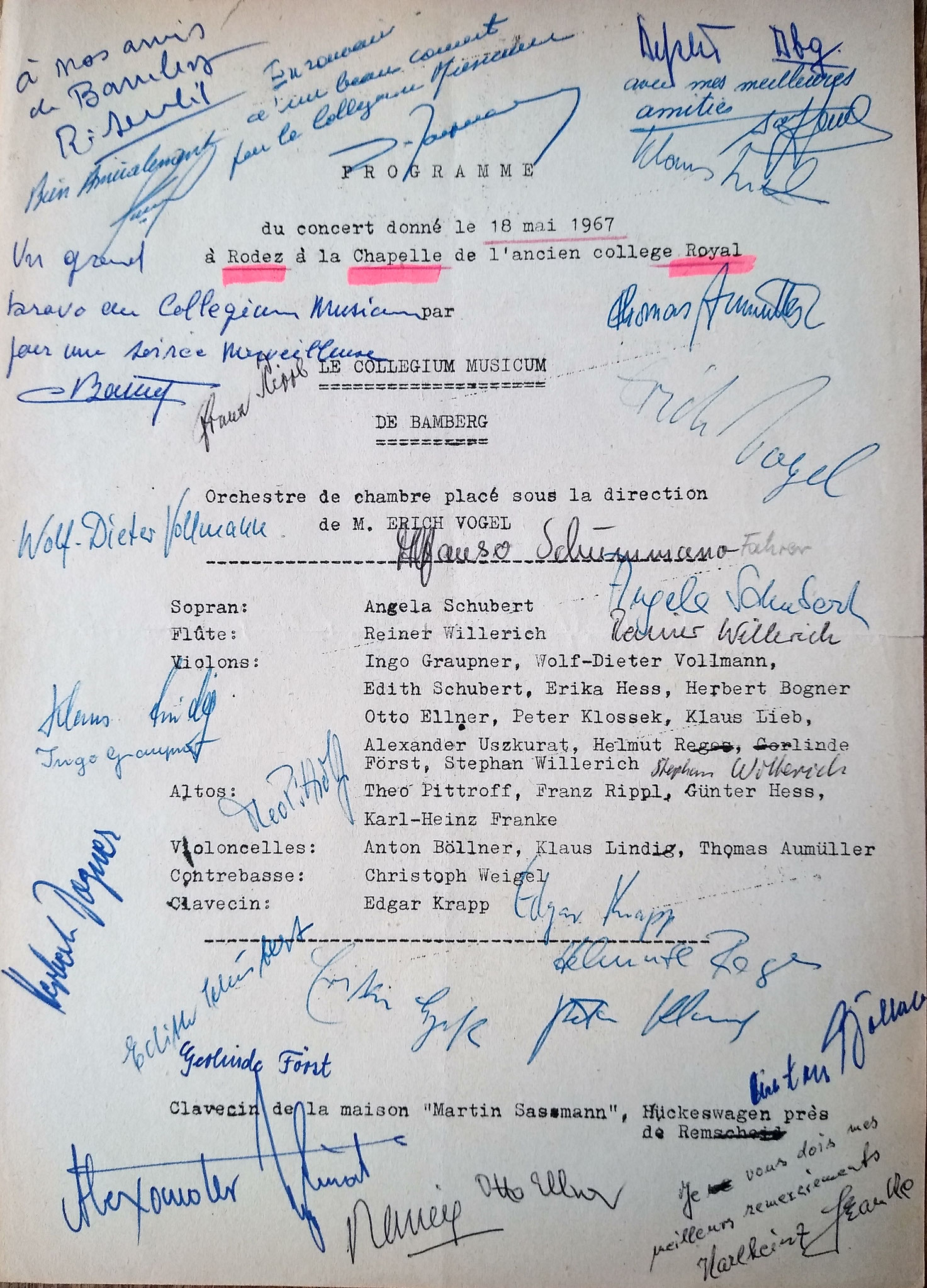 Concert Royal Chapelle Rodez mit Autogrammen der Mitwirkenden - 18. Mai 1967