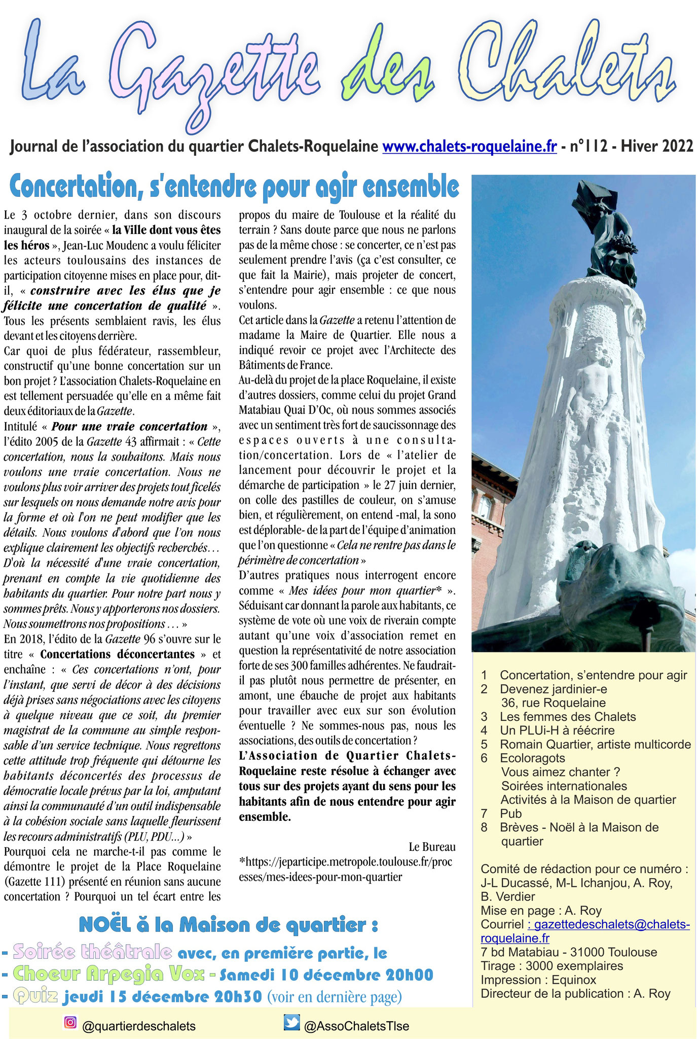 N° 112 : Concertation, Devenez jardinier-e, 36 rue Roquelaine, Les femmes des Chalets, PLUiH...