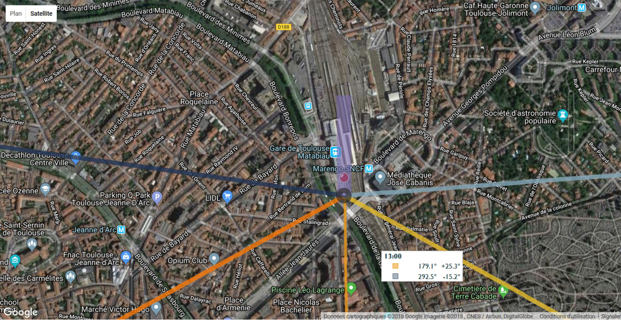 à 13h, le soleil est au sud et l'ombre sur les voies de train