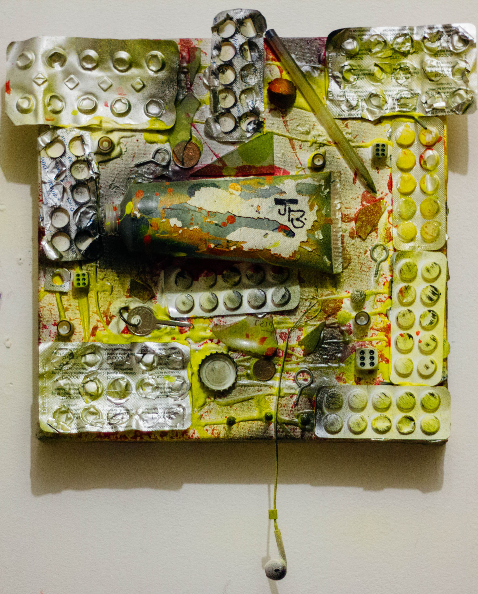 50. " Manic D. " (30 x 30cm) Acrylic & spray paint + empty medication packages + objects on canvas. 2016      