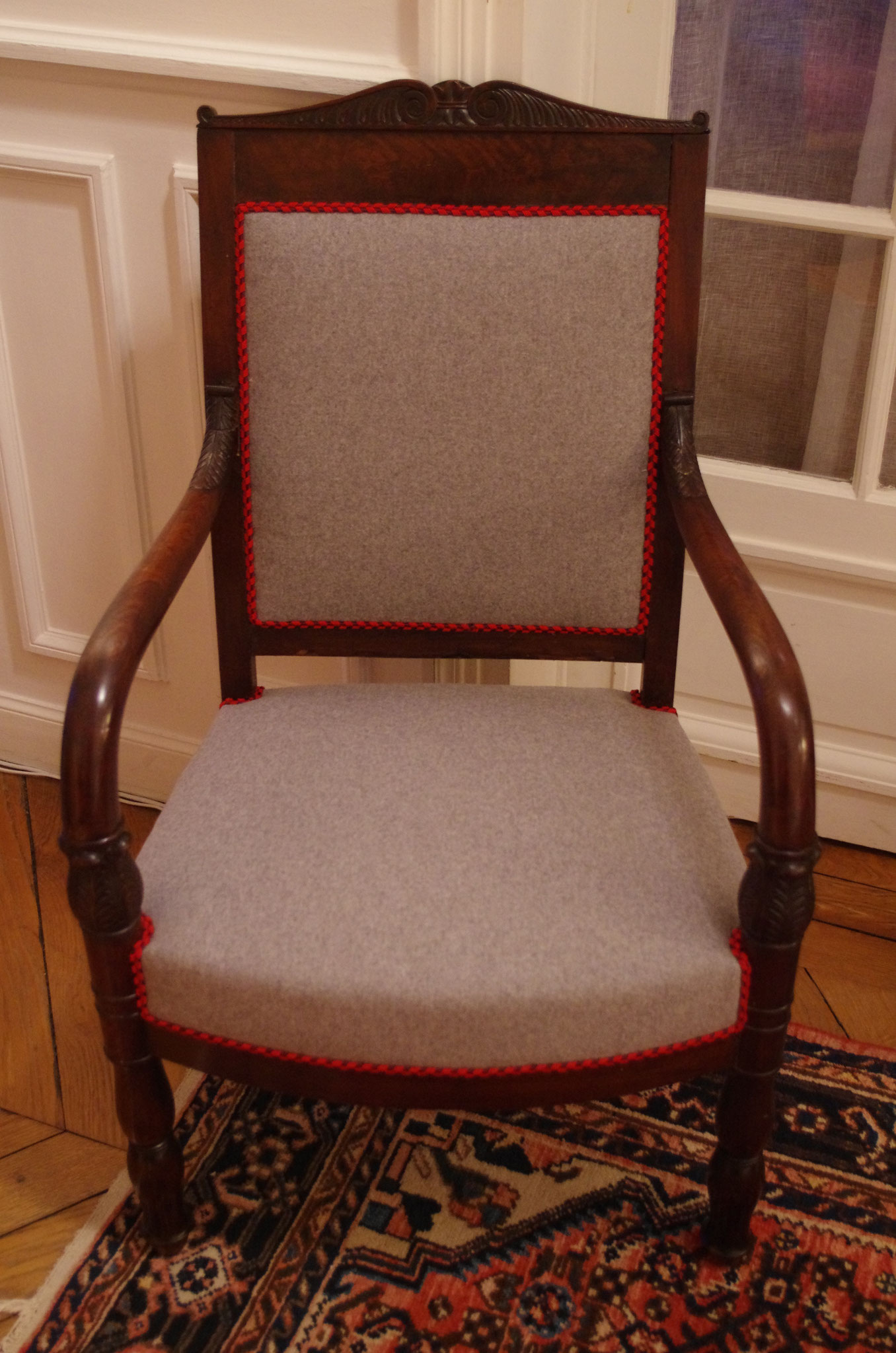 Fauteuil Empire - Tissu Nobilis réf. Mont Blanc, coloris Plomb, double-corde Neox Houlès