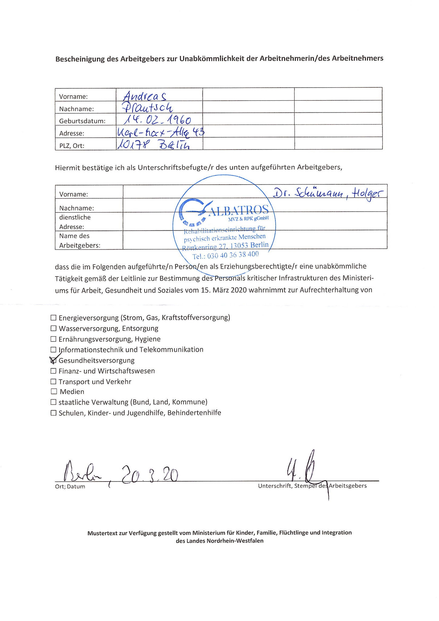 Bescheinigung über die Unabkömmlichkeit im Gesundheitswesen