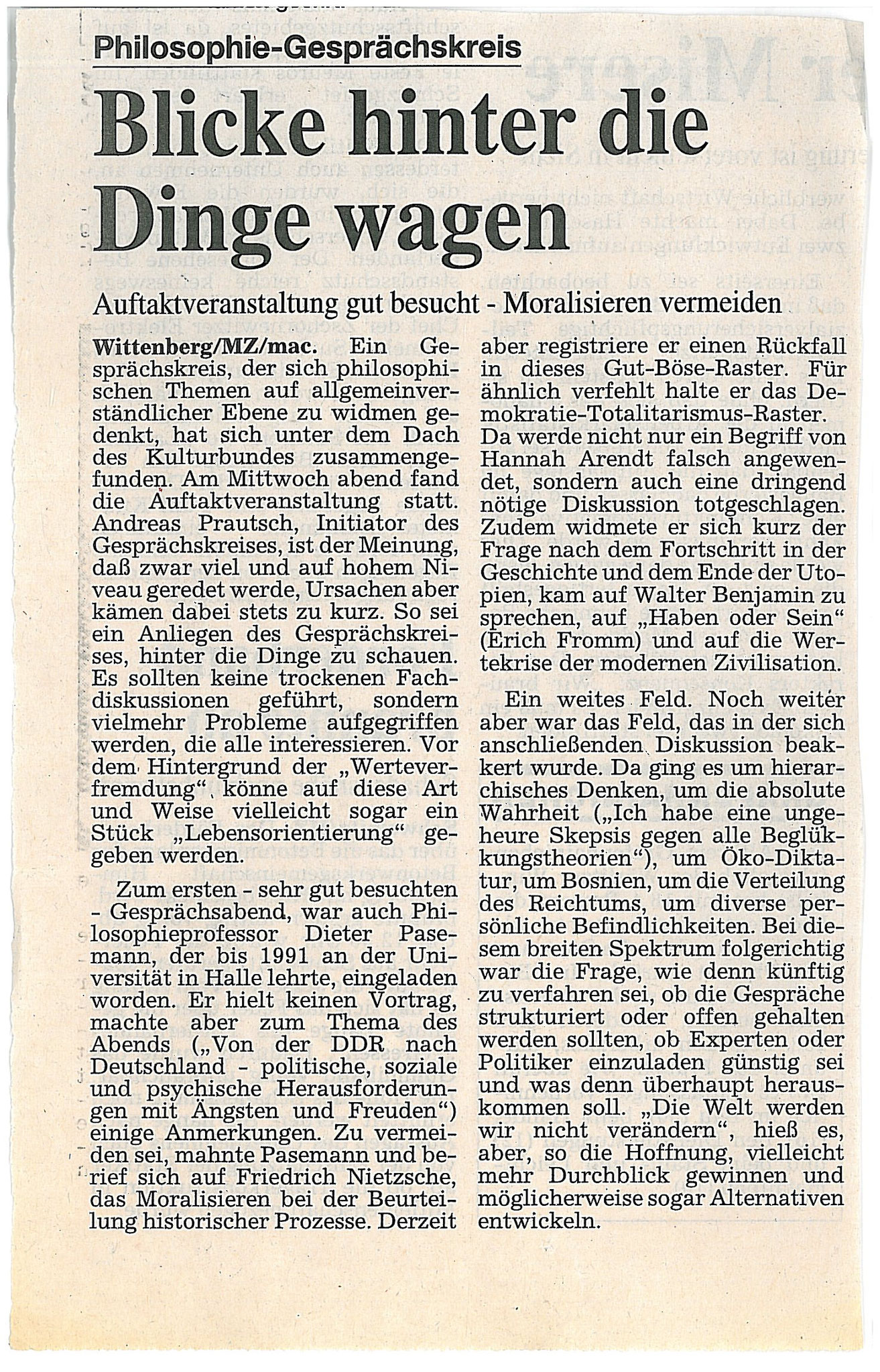 Ankündigung der Gründung des philosophischen Gesprächskreises in Wittenberg - Oktober 1995