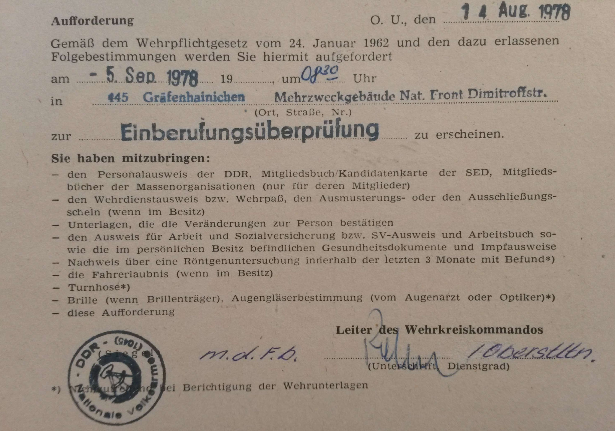 Einberufungs-Überprüfung zur Nationalen Volksarmee für den Zeitraum vom  01.11.1978 - 30.04.1980