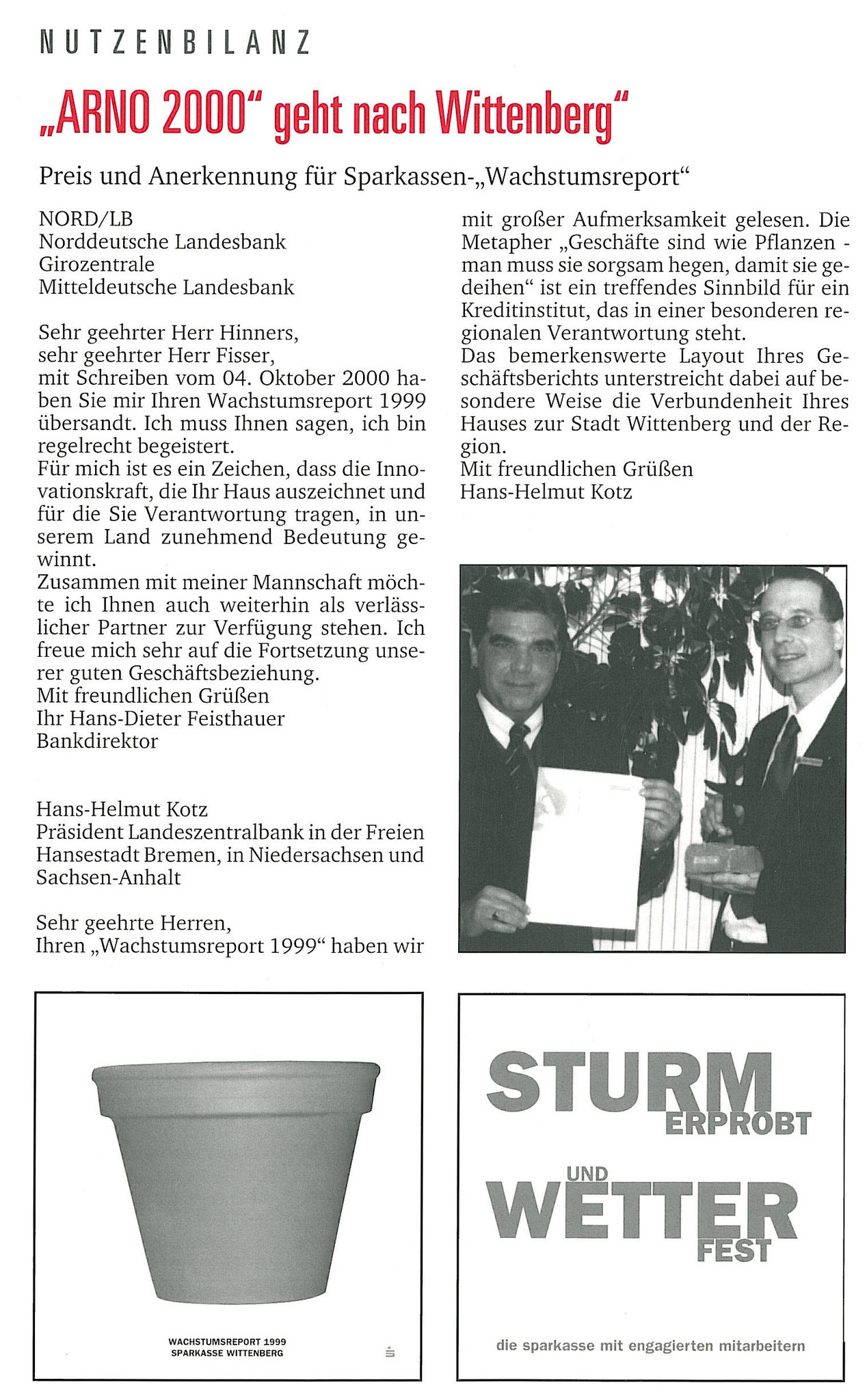 VV Bernd Hinners und stv. AL Andreas Prautsch präsentieren den Preis für nachhaltige Öffentlichkeitsarbeit "ARNO 2000"