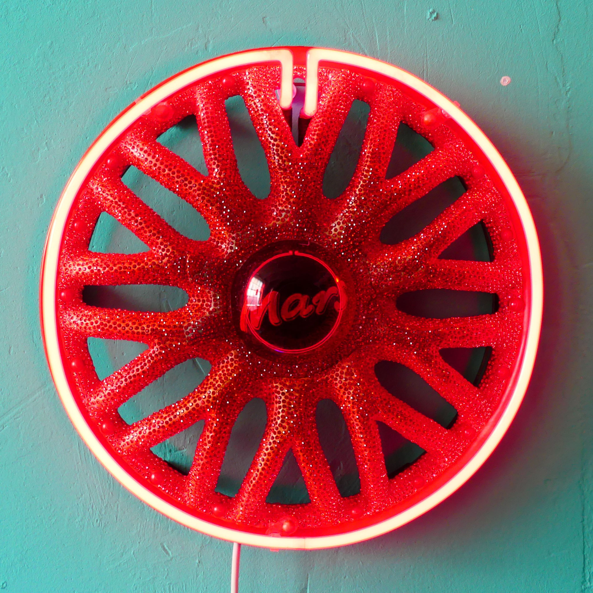 MARS Wheel Cover, Modelling Compount,  Rhinestones, Acrylic Pigment, Neon Light