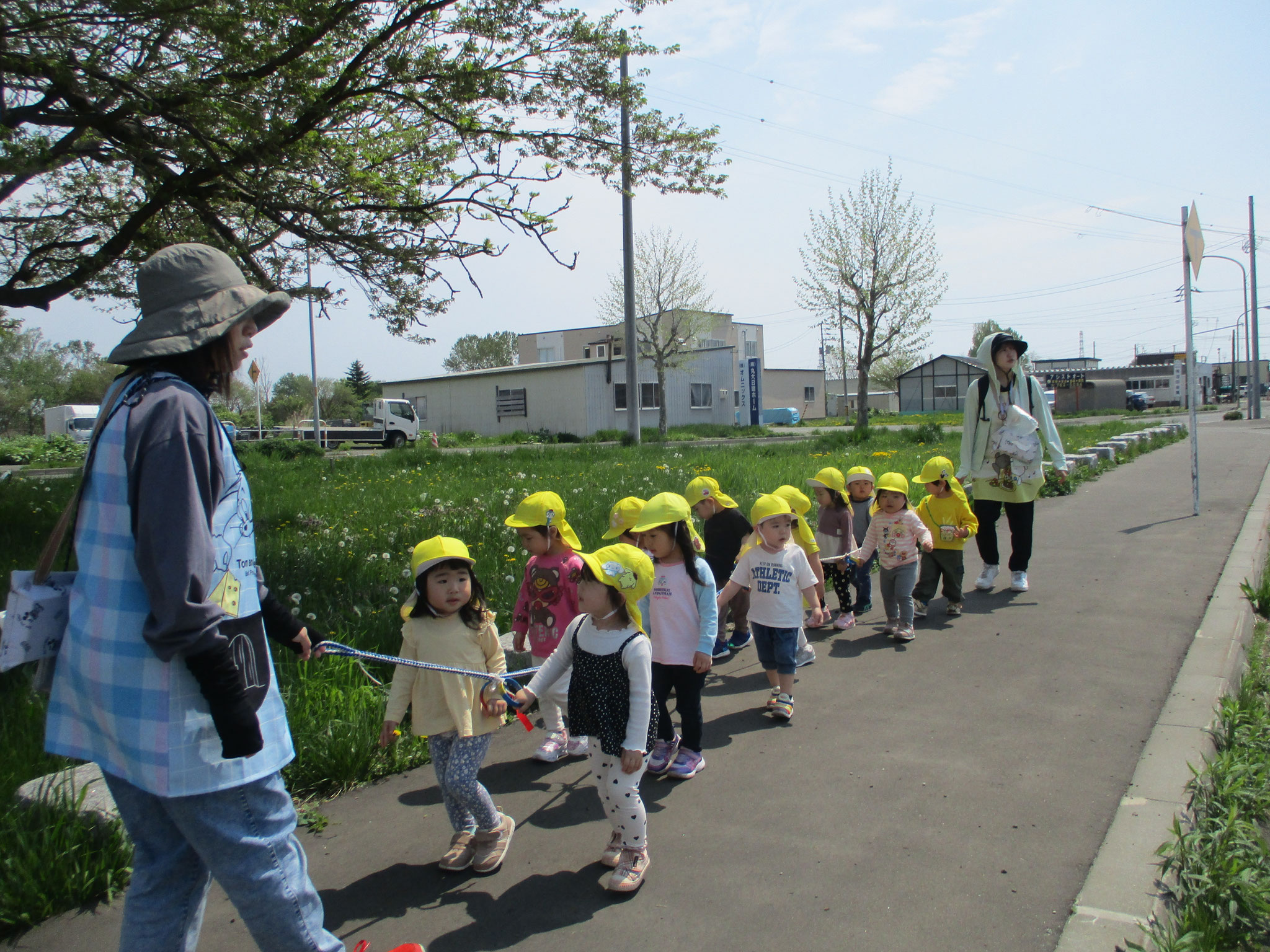 2歳児クラス。お散歩ロープをしっかりにぎって公園までがんばって歩いています。