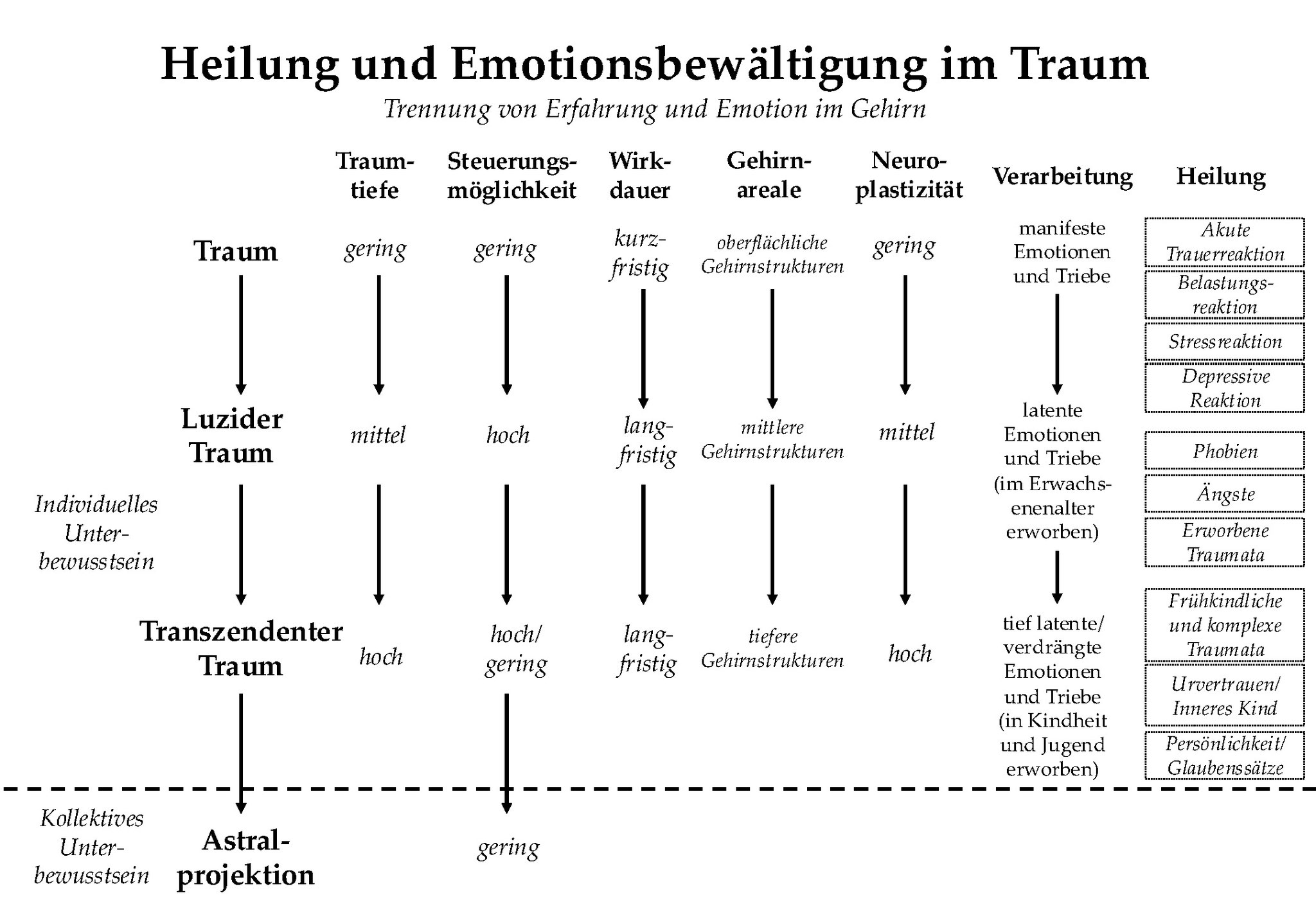 Vergleichendes Modell von Traum, luzidem Traum und transzendentem Traum hinsichtlich Traumschicht, Steuerungsmöglichkeit, Wirkungsdauer, Gehirnarealen, Neuroplastizität und Heilung; transzendentes Träumen wird als tiefste Ebene mit langfristiger Wirkung a