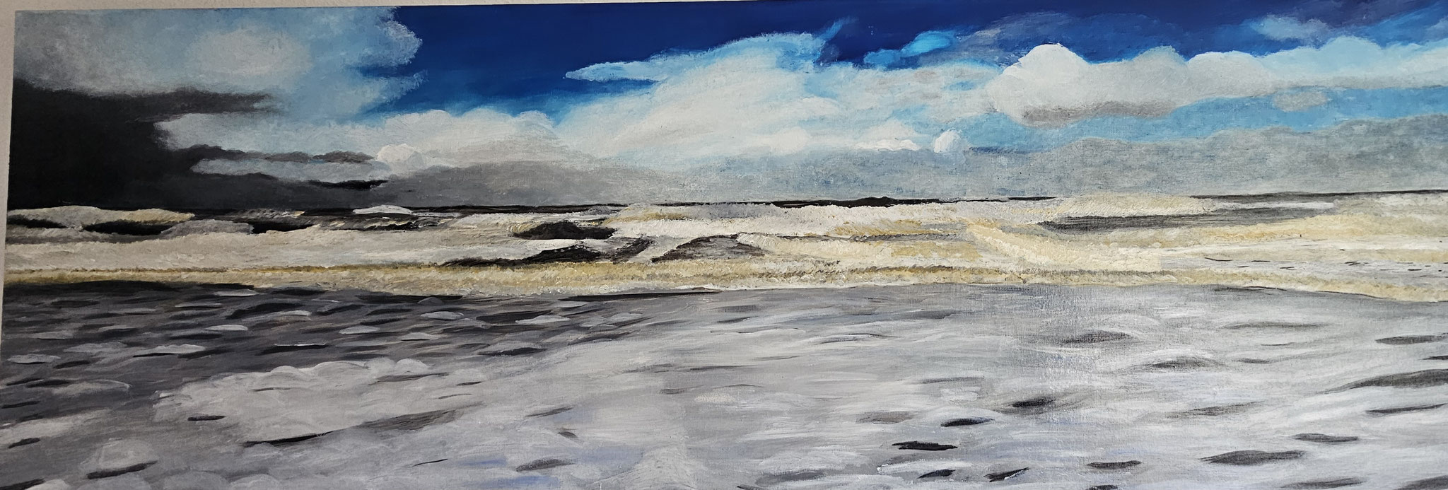 9. ruige zee met wolken, olieverf 2026, 180-60 cm