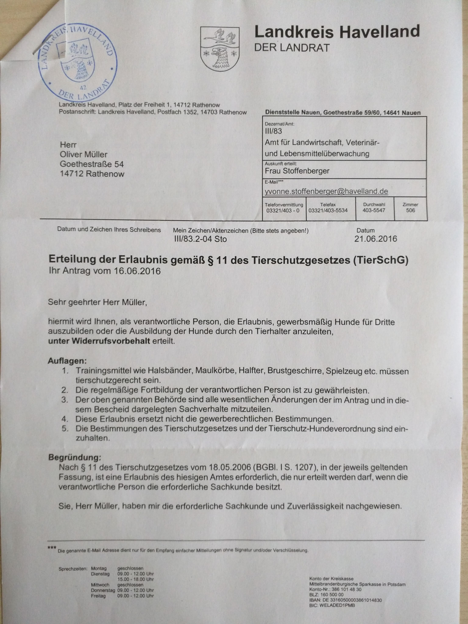 Genehmigung nach §11 Tierschutzgesetz Seite 1