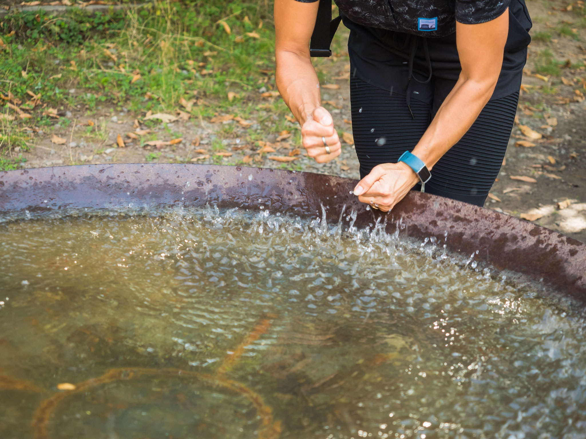 Wasser wird ein einer großen Schale mit dem Schlagen an den Schalenrand zum Schwingen gebracht 