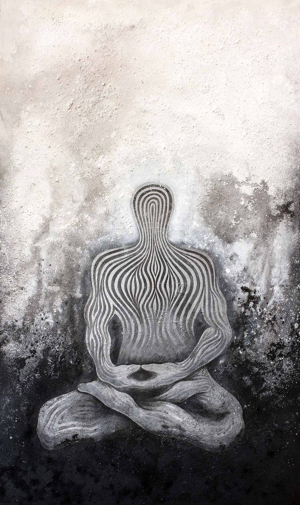 mystische Malerei, Titel: "Meditation" (130x220cm) - Acryl, Kreide, Sprühlack, Schlagmetall, Pigmente auf Platte