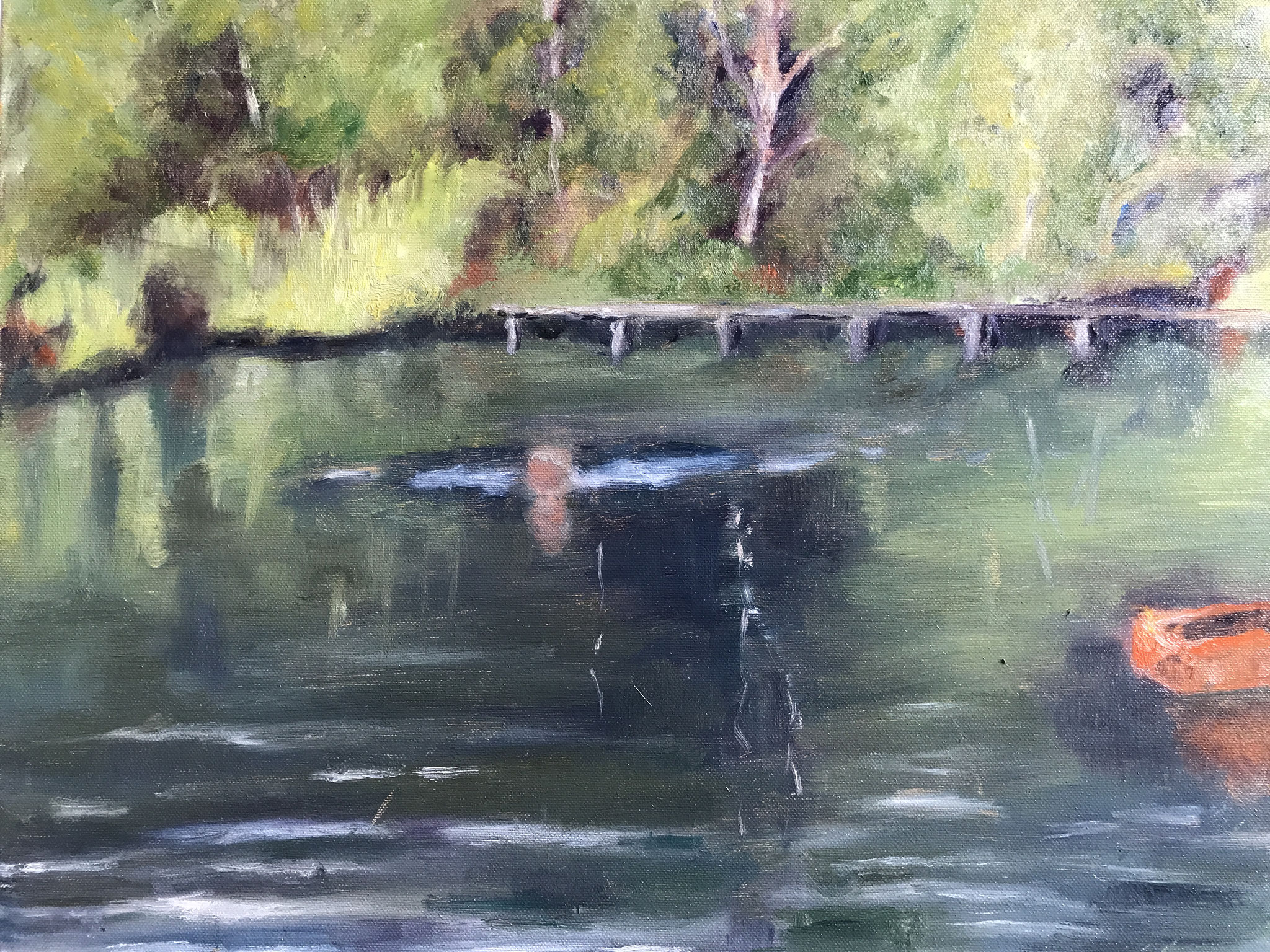 Zwemmen in Gravingen. 40x50cm.Olie op doek. 