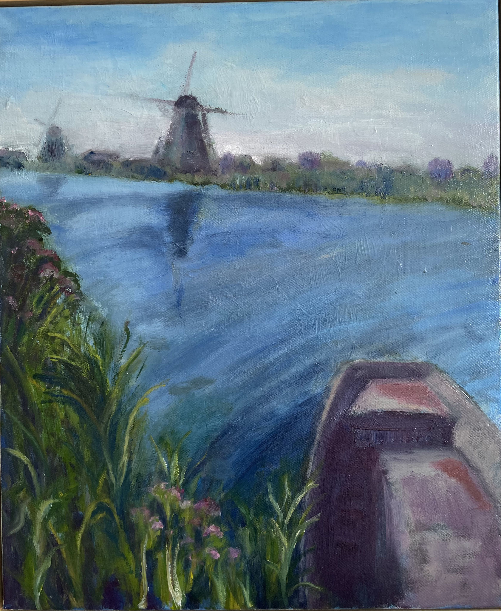 Bootje in Kinderdijk. 50x60cm. olie op doek. 
