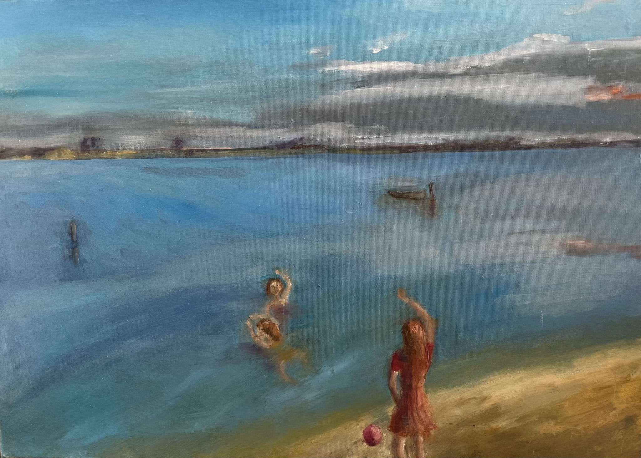 Zwemmen in de Maas. 50x70. olie op doek. 
