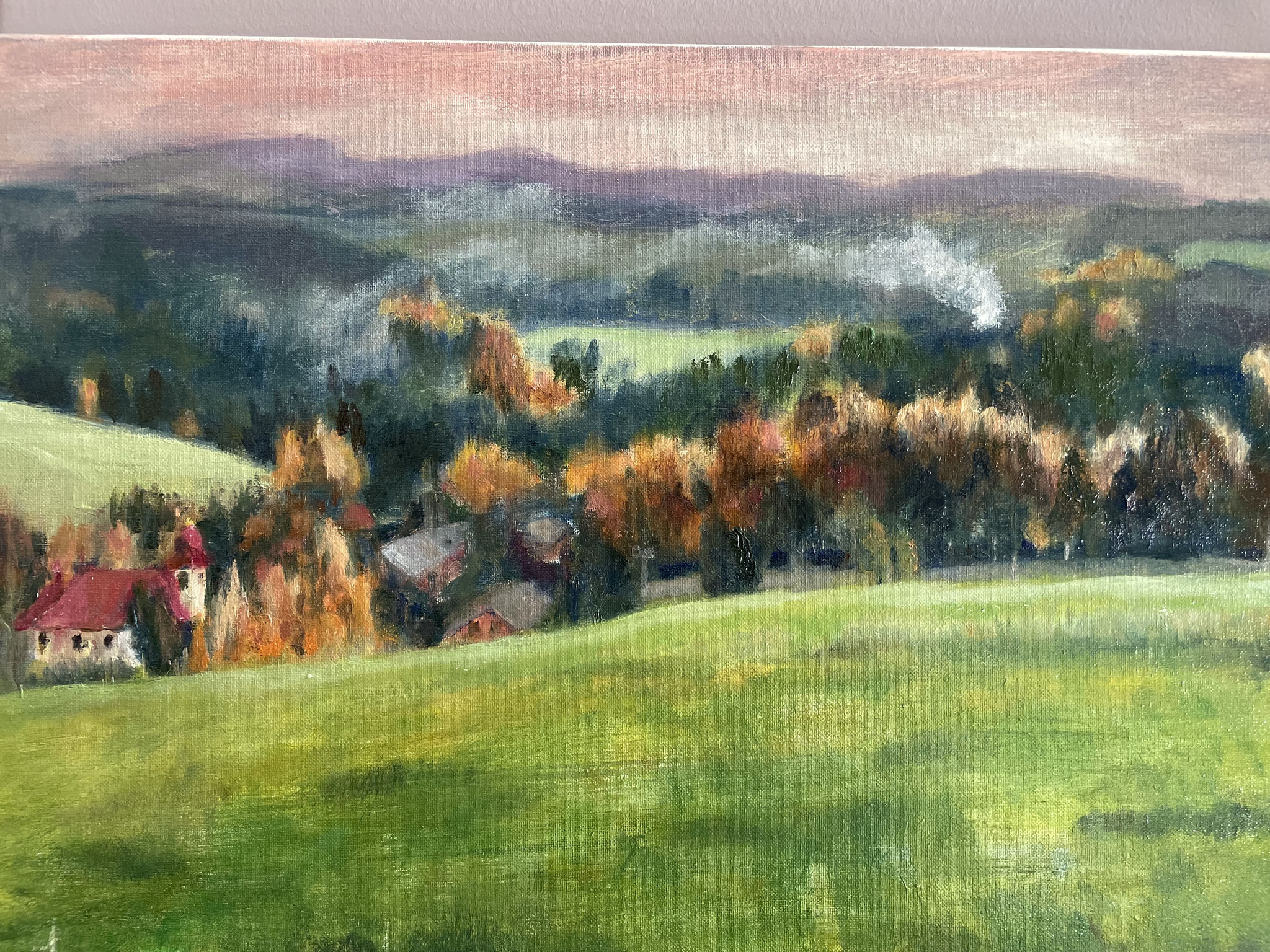 Zicht op bergdorp in Herfst.  40x60cm. olie op doek. 