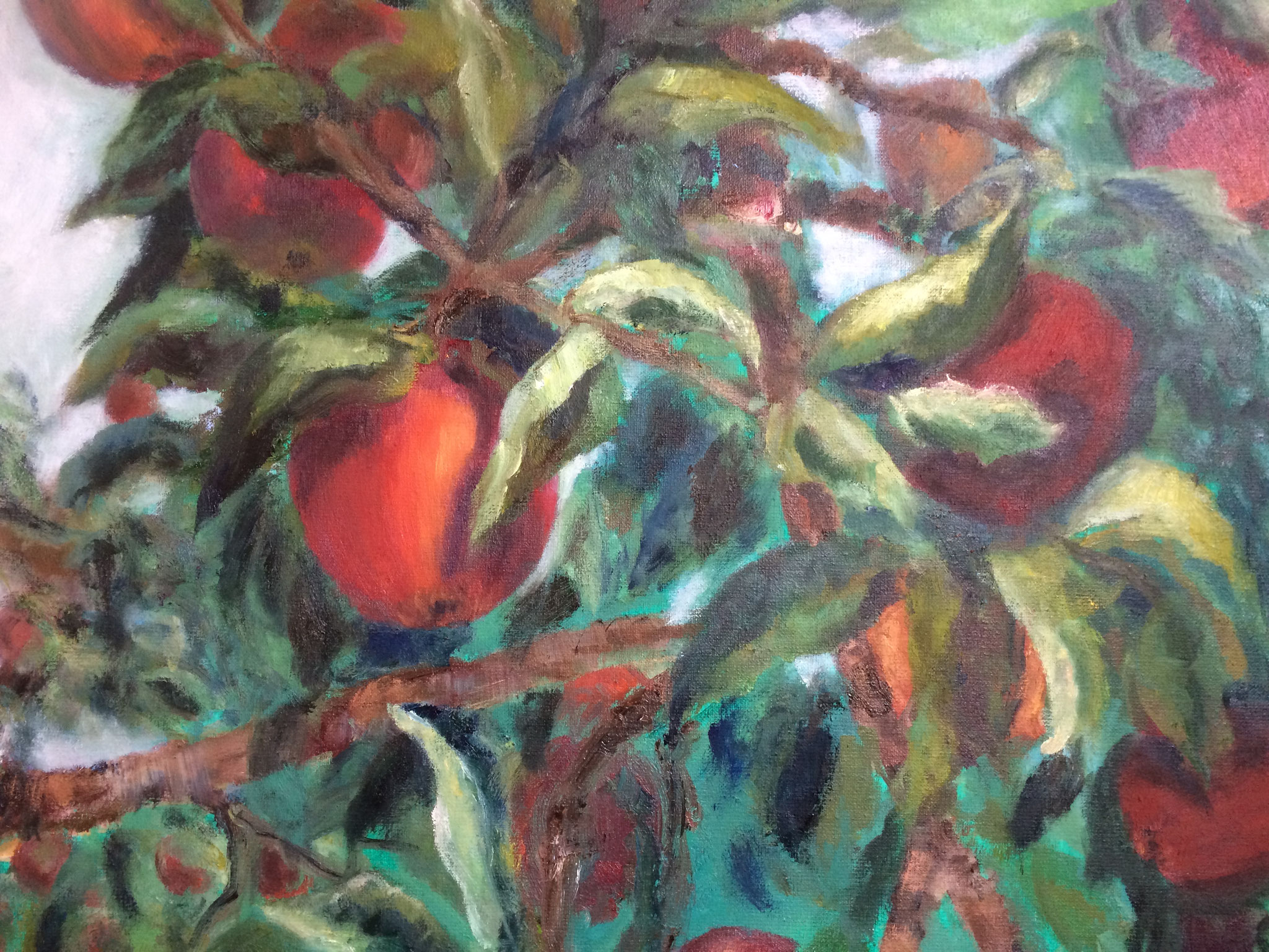 Wirwar in de appelboom 50x60cm olie op linnen.  