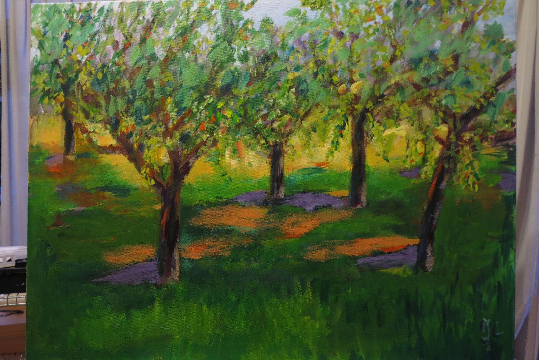 Boomgaard in Vreeland. 60x80cm. acryl op doek.  