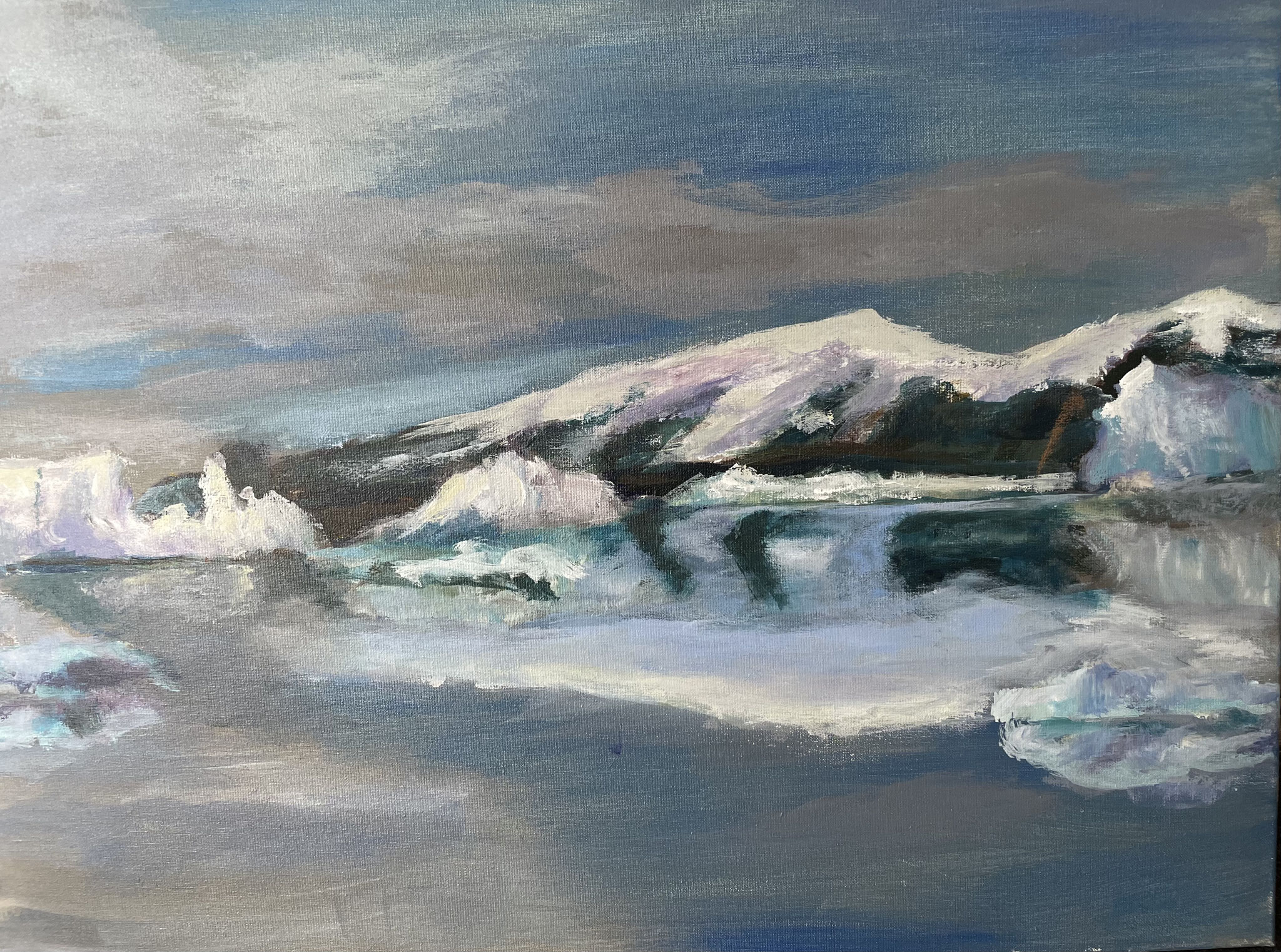 Spiegelende ijsbergen. 60x80cm. acryl op doek. 